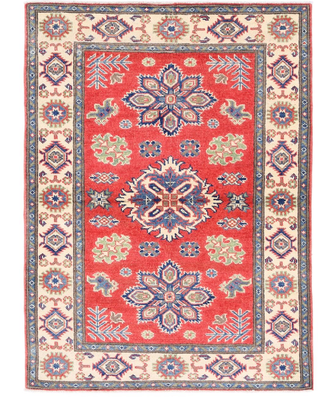 Hand Knotted Tribal Kazak Wool Rug - 3'3'' x 4'7''