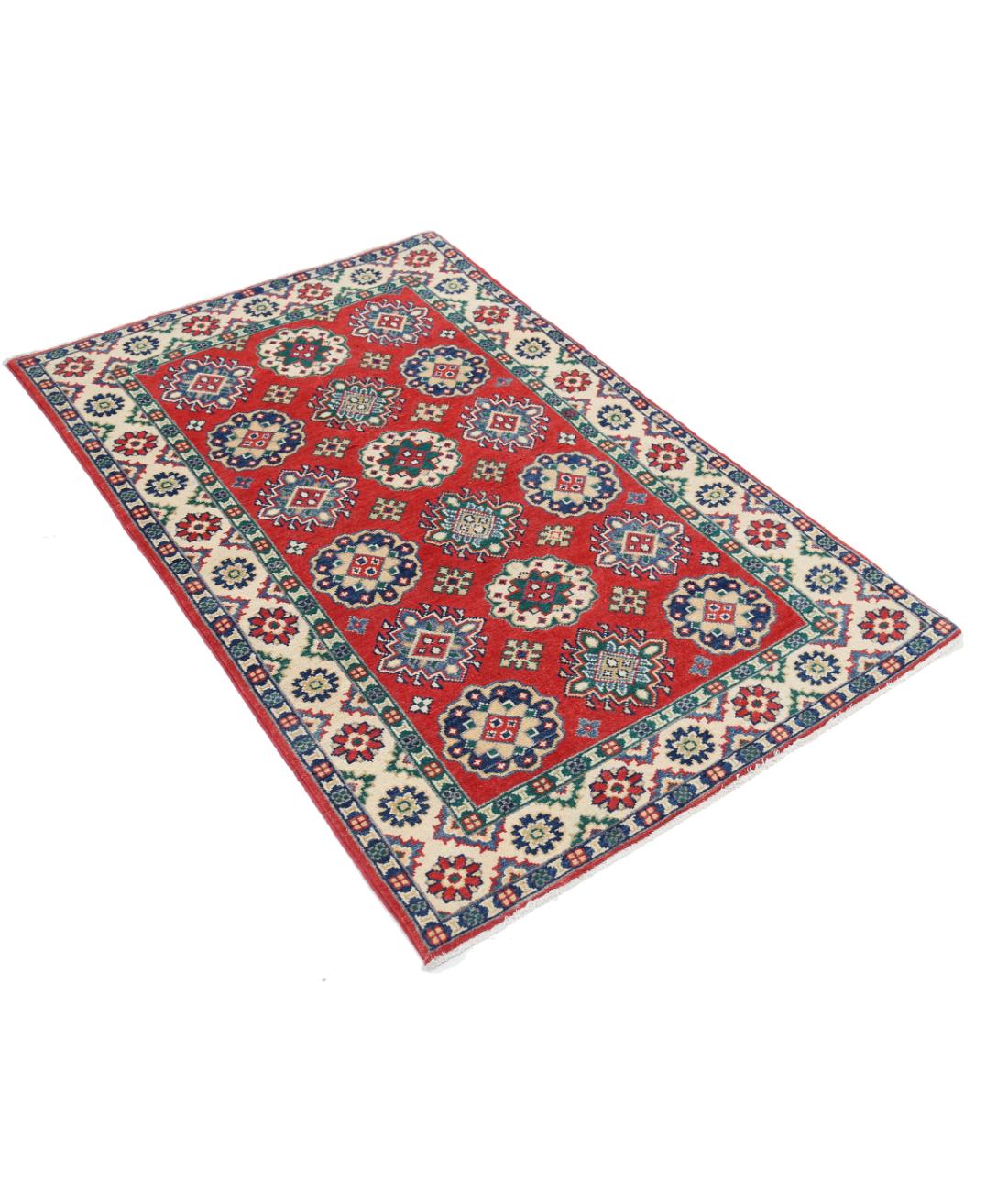 Hand Knotted Tribal Kazak Wool Rug - 3'3'' x 4'11'' 3' 3" X 4' 11" (99 X 150) / Red / Ivory