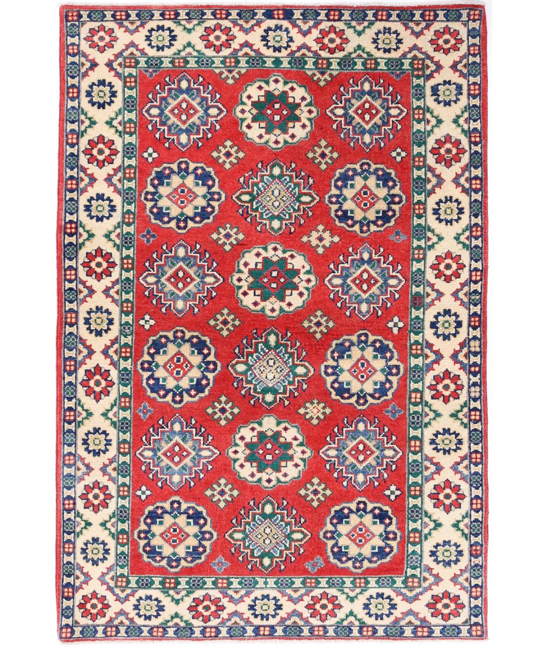 Hand Knotted Tribal Kazak Wool Rug - 3&#39;3&#39;&#39; x 4&#39;11&#39;&#39; 3&#39; 3&quot; X 4&#39; 11&quot; (99 X 150) / Red / Ivory