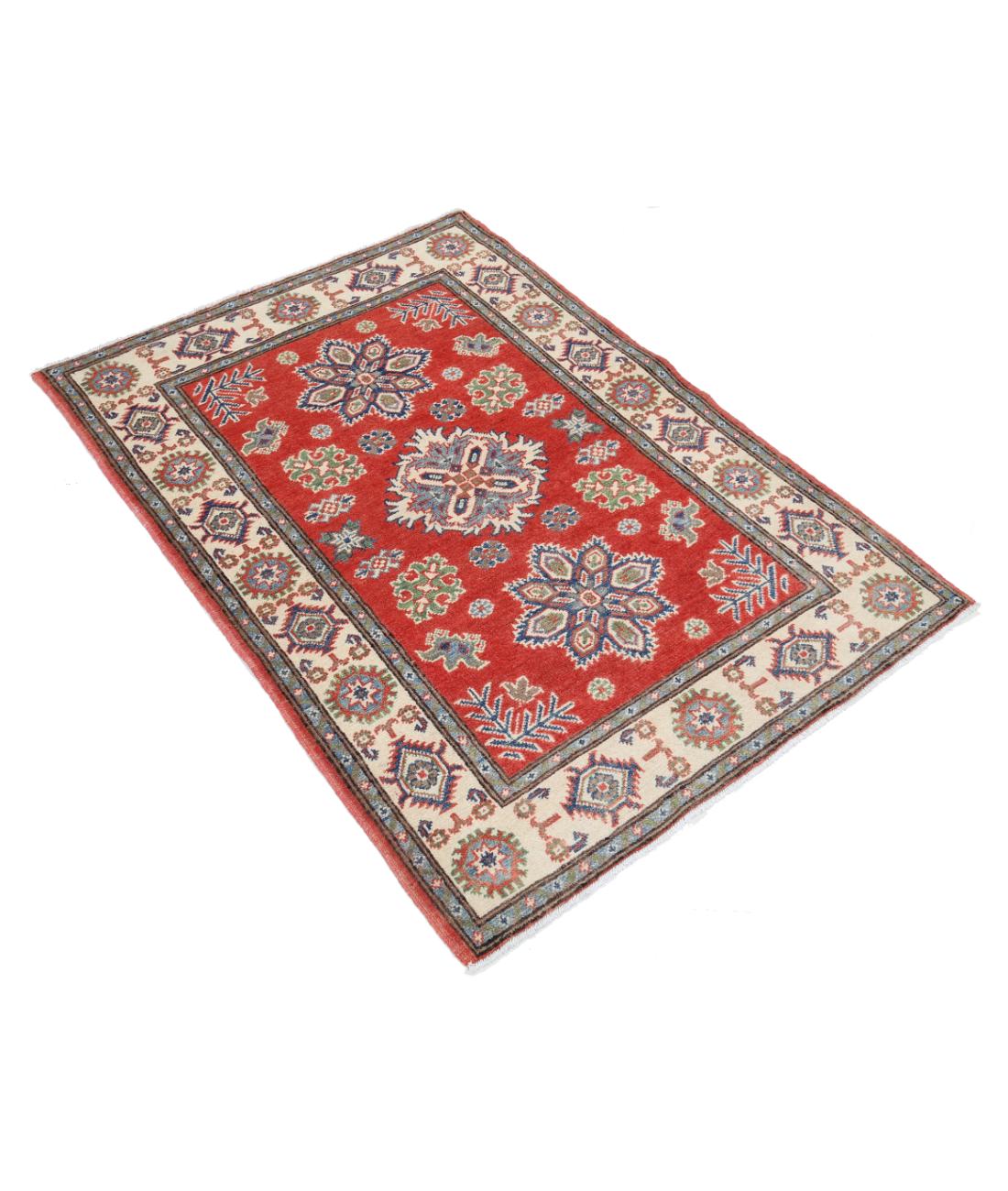 Hand Knotted Tribal Kazak Wool Rug - 3'3'' x 4'9'' 3' 3" X 4' 9" (99 X 145) / Red / Ivory