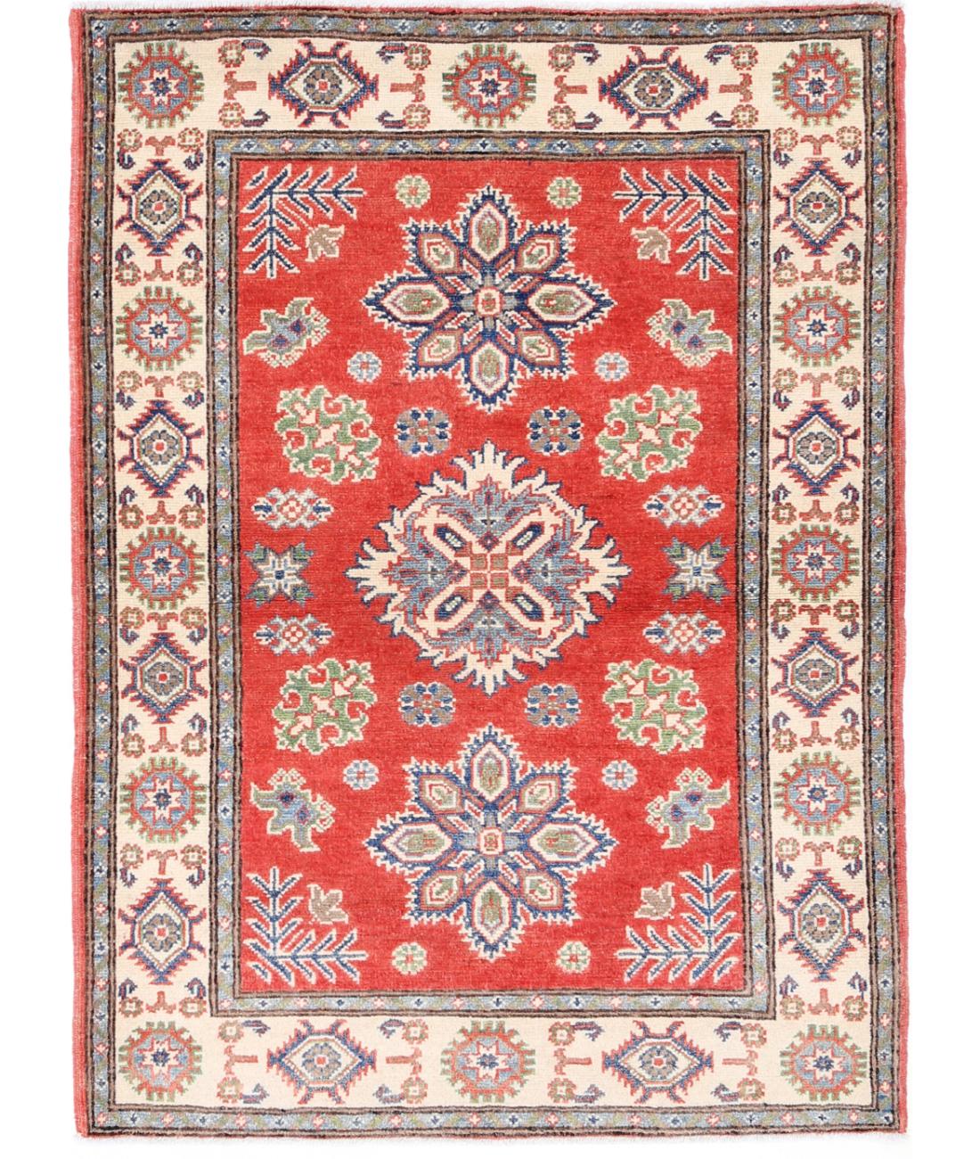 Hand Knotted Tribal Kazak Wool Rug - 3&#39;3&#39;&#39; x 4&#39;9&#39;&#39; 3&#39; 3&quot; X 4&#39; 9&quot; (99 X 145) / Red / Ivory
