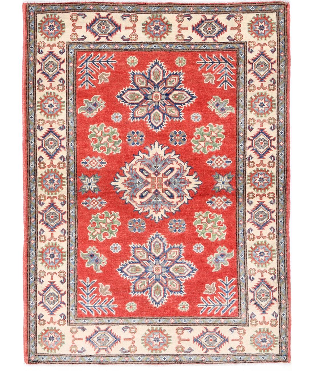 Hand Knotted Tribal Kazak Wool Rug - 3&#39;3&#39;&#39; x 4&#39;9&#39;&#39;