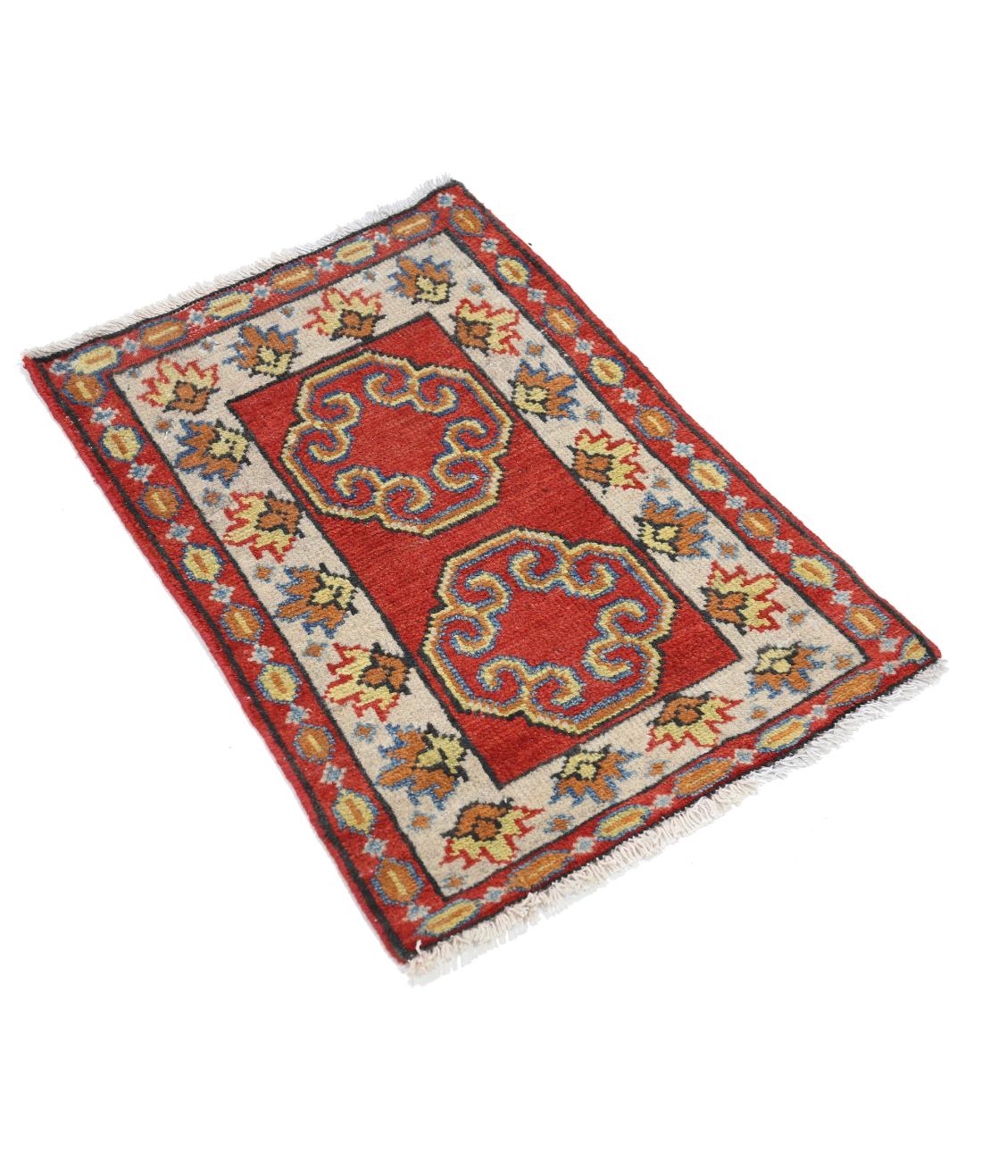 Hand Knotted Tribal Kazak Wool Rug - 1'7'' x 2'3'' 1' 7" X 2' 3" (48 X 69) / Red / Ivory