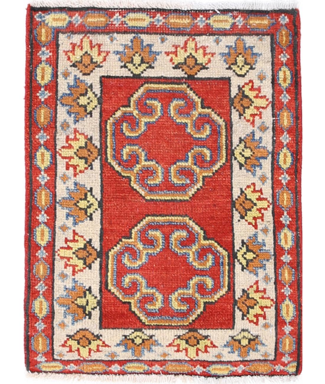 Hand Knotted Tribal Kazak Wool Rug - 1&#39;7&#39;&#39; x 2&#39;3&#39;&#39; 1&#39; 7&quot; X 2&#39; 3&quot; (48 X 69) / Red / Ivory