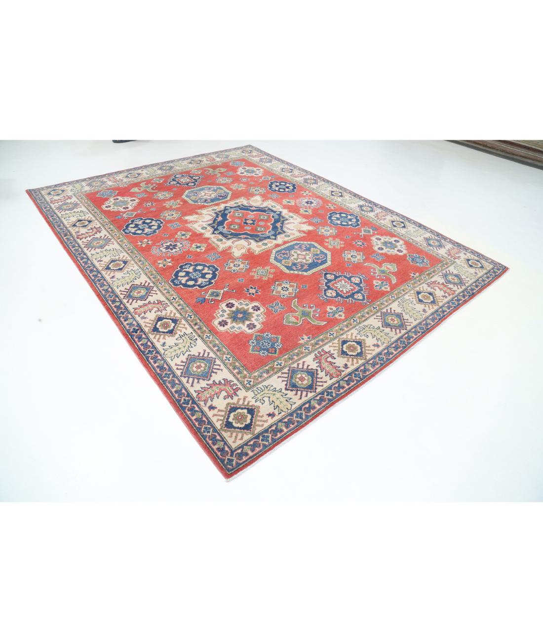 Hand Knotted Tribal Kazak Wool Rug - 8'0'' x 10'1'' 8' 0" X 10' 1" (244 X 307) / Red / Ivory