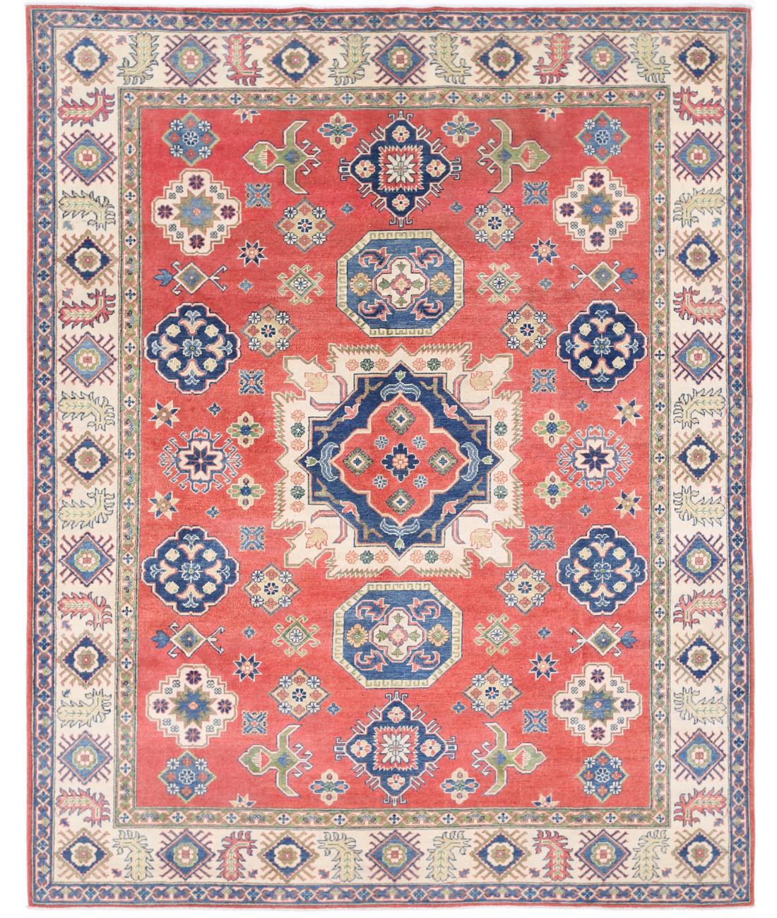 Hand Knotted Tribal Kazak Wool Rug - 8&#39;0&#39;&#39; x 10&#39;1&#39;&#39; 8&#39; 0&quot; X 10&#39; 1&quot; (244 X 307) / Red / Ivory