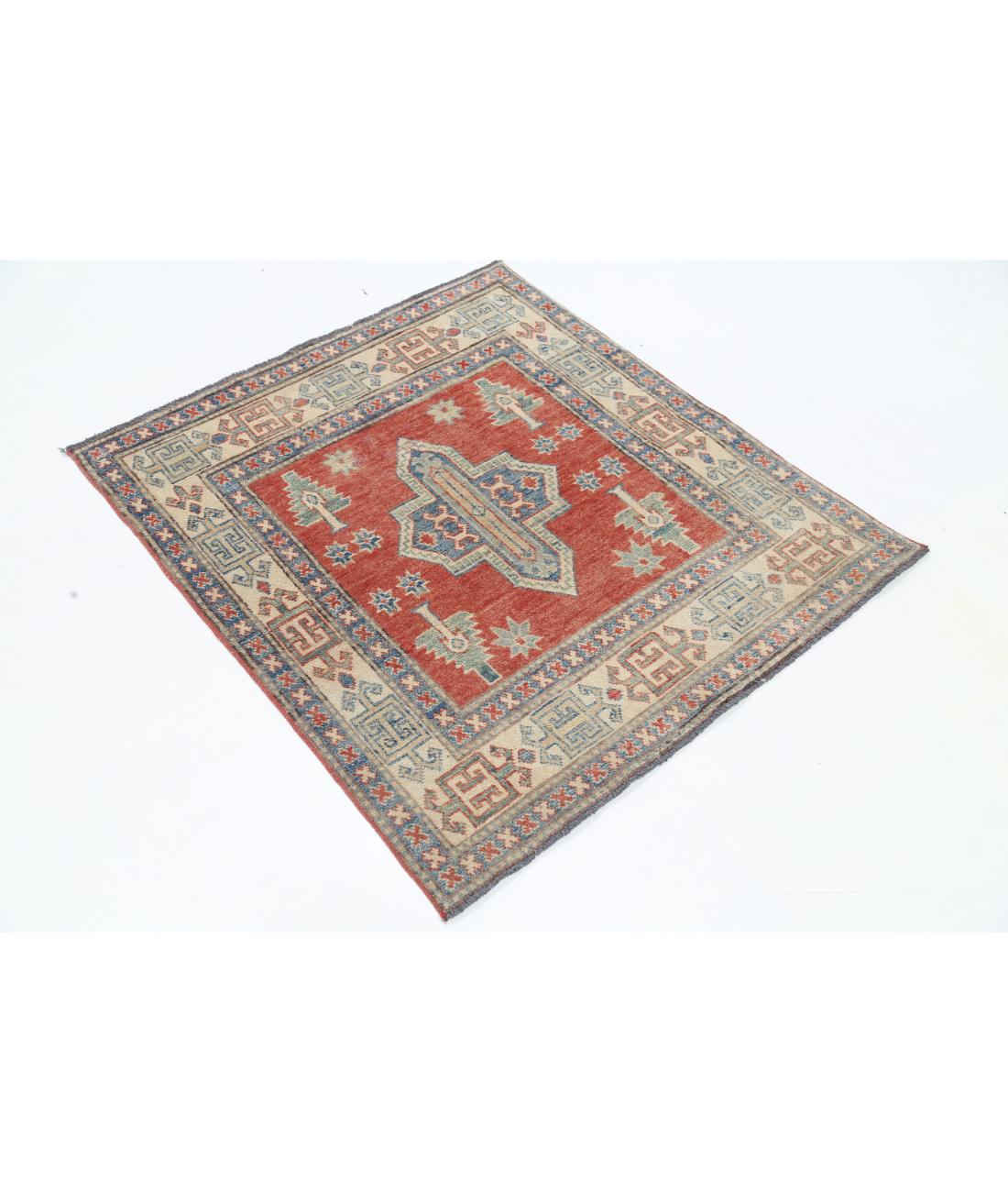 Hand Knotted Tribal Kazak Wool Rug - 3'2'' x 3'5'' 3' 2" X 3' 5" (97 X 104) / Red / Ivory