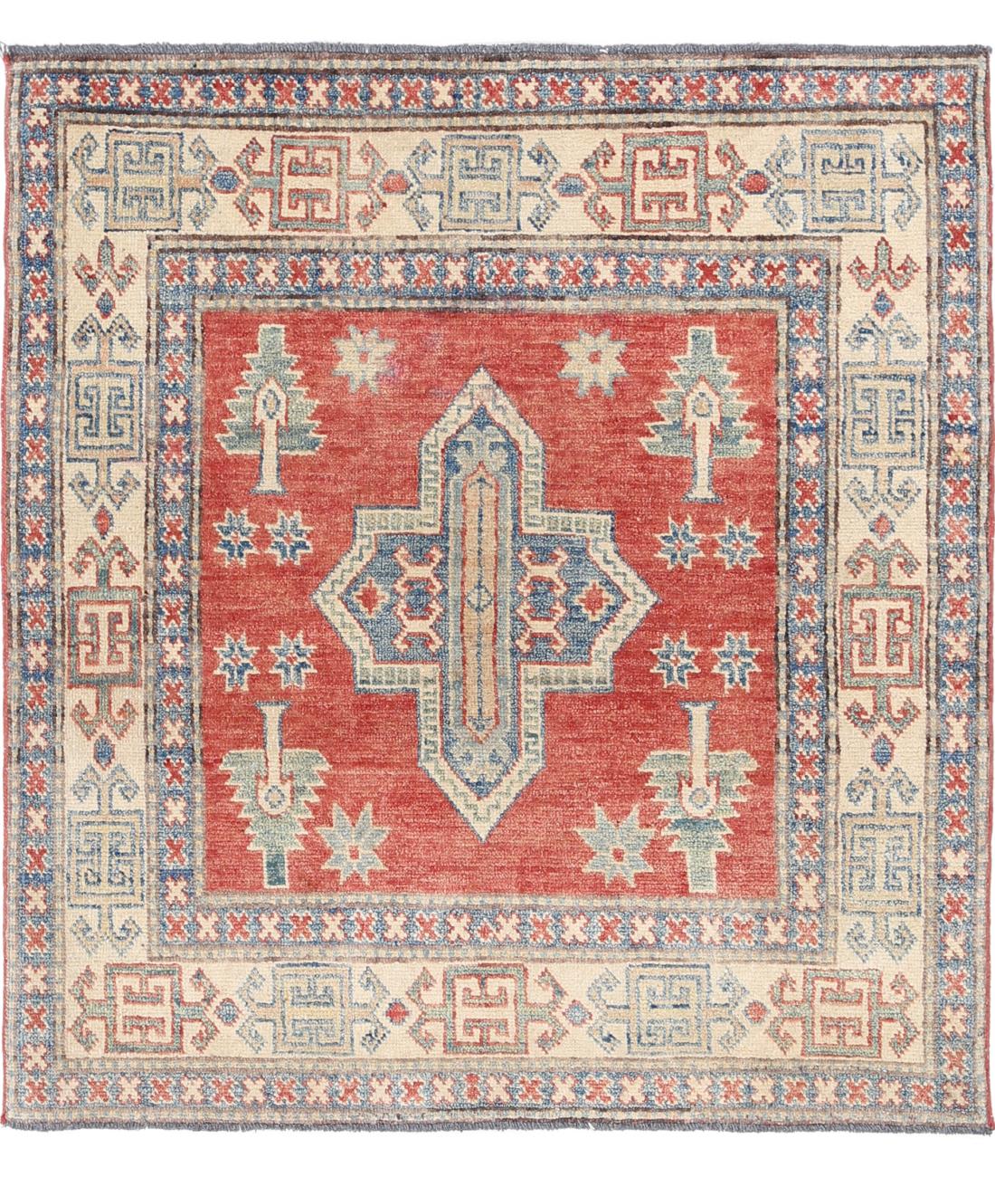 Hand Knotted Tribal Kazak Wool Rug - 3'2'' x 3'5'' 3' 2" X 3' 5" (97 X 104) / Red / Ivory