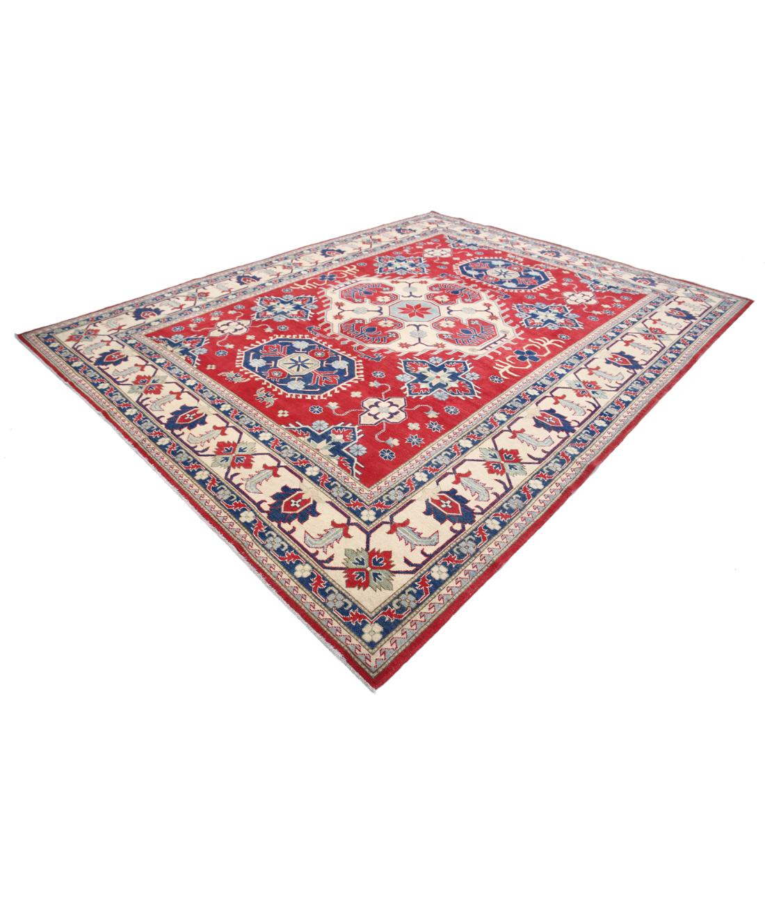 Hand Knotted Tribal Kazak Wool Rug - 9'8'' x 12'5'' 9' 8" X 12' 5" (295 X 378) / Red / Ivory