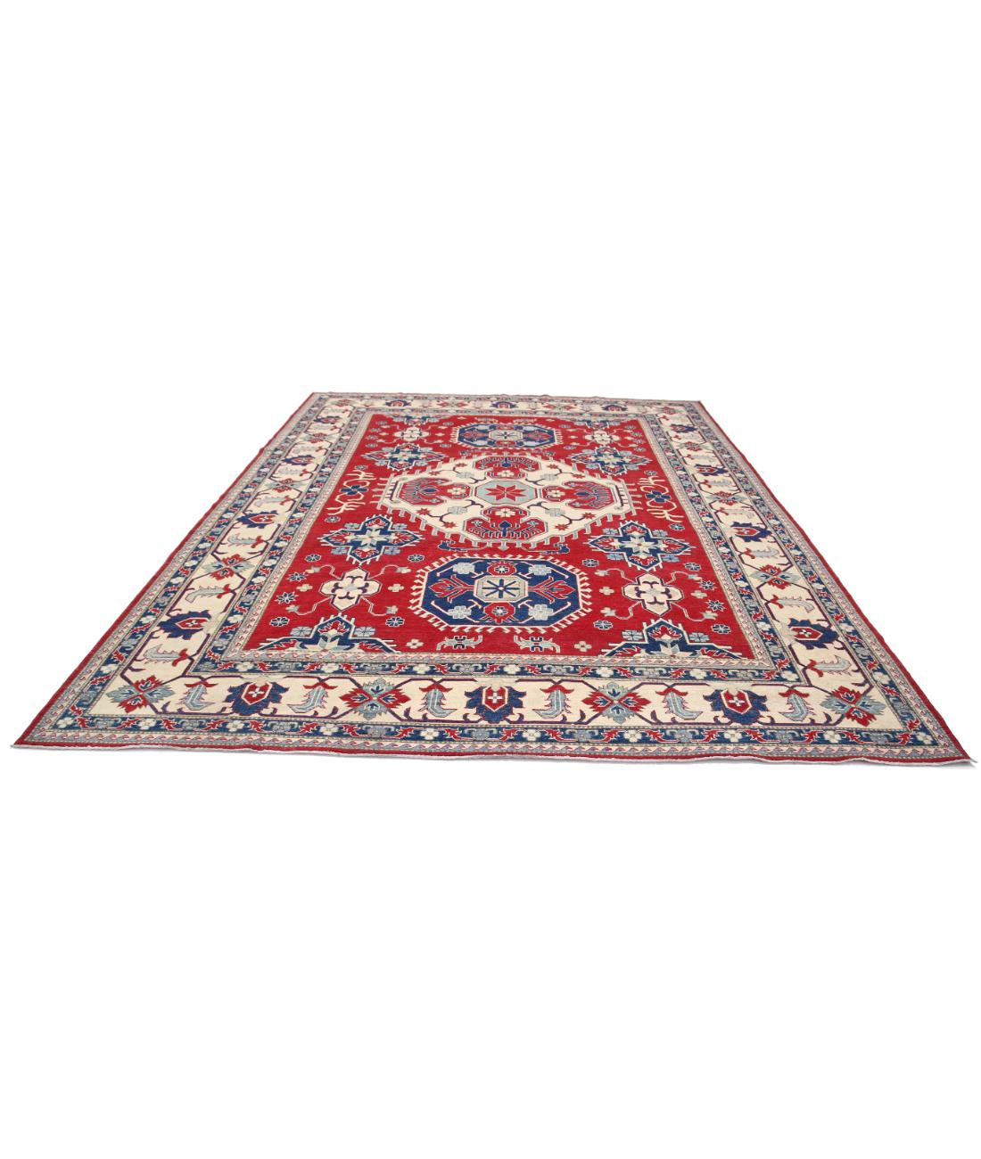 Hand Knotted Tribal Kazak Wool Rug - 9'8'' x 12'5'' 9' 8" X 12' 5" (295 X 378) / Red / Ivory