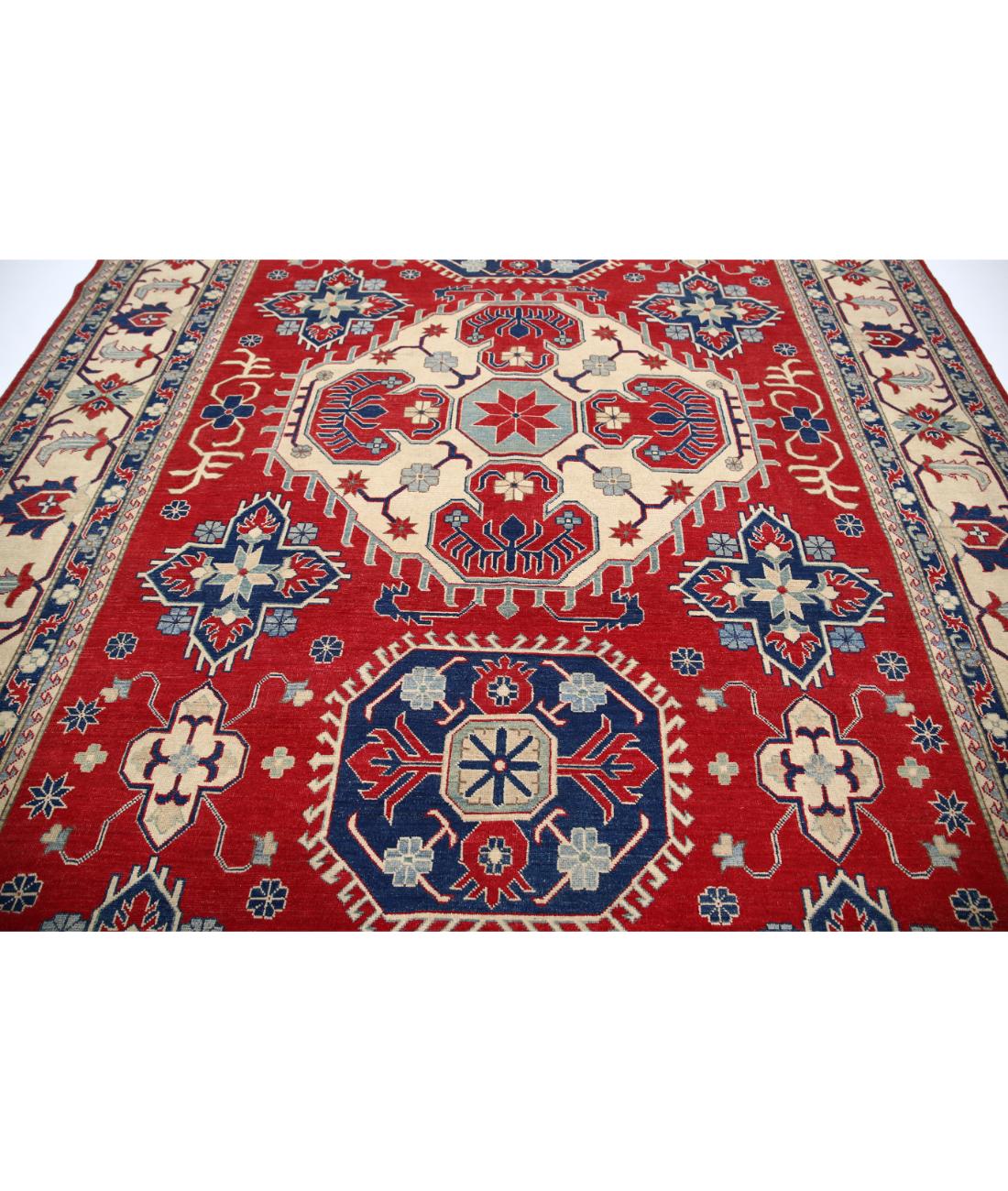 Hand Knotted Tribal Kazak Wool Rug - 9'8'' x 12'5'' 9' 8" X 12' 5" (295 X 378) / Red / Ivory