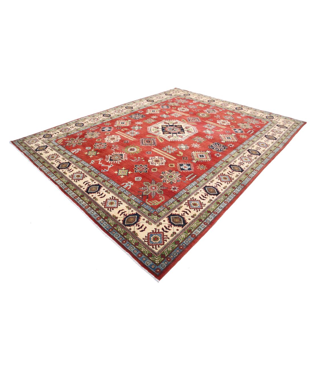 Hand Knotted Tribal Kazak Wool Rug - 9'0'' x 11'7'' 9' 0" X 11' 7" (274 X 353) / Red / Ivory