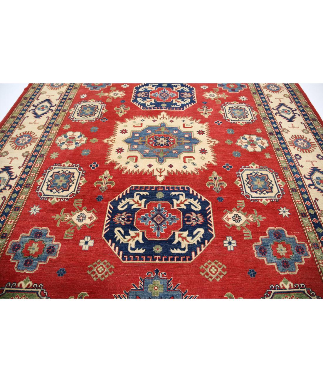 Hand Knotted Tribal Kazak Wool Rug - 9'11'' x 13'7'' 9' 11" X 13' 7" (302 X 414) / Red / Ivory
