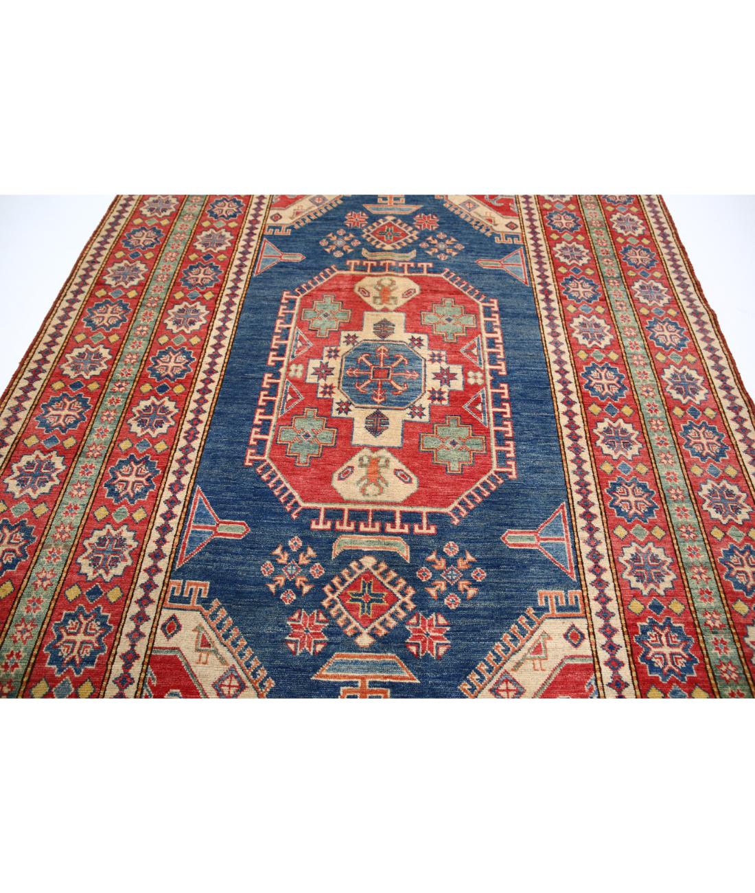 Hand Knotted Tribal Kazak Wool Rug - 6'8'' x 9'7'' 6' 8" X 9' 7" (203 X 292) / Blue / Red