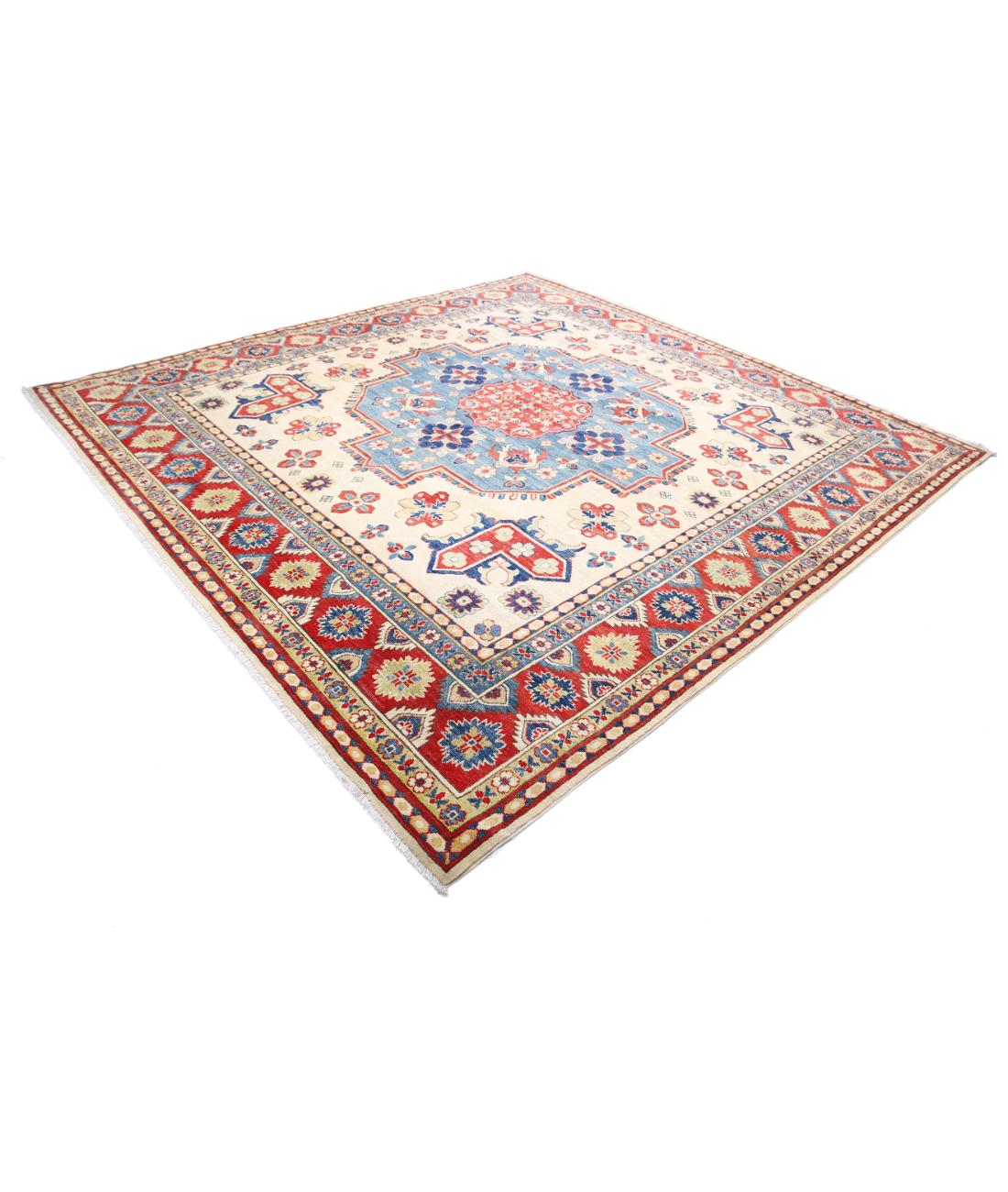 Hand Knotted Tribal Kazak Wool Rug - 9'9'' x 10'0'' 9' 9" X 10' 0" (297 X 305) / Ivory / Red