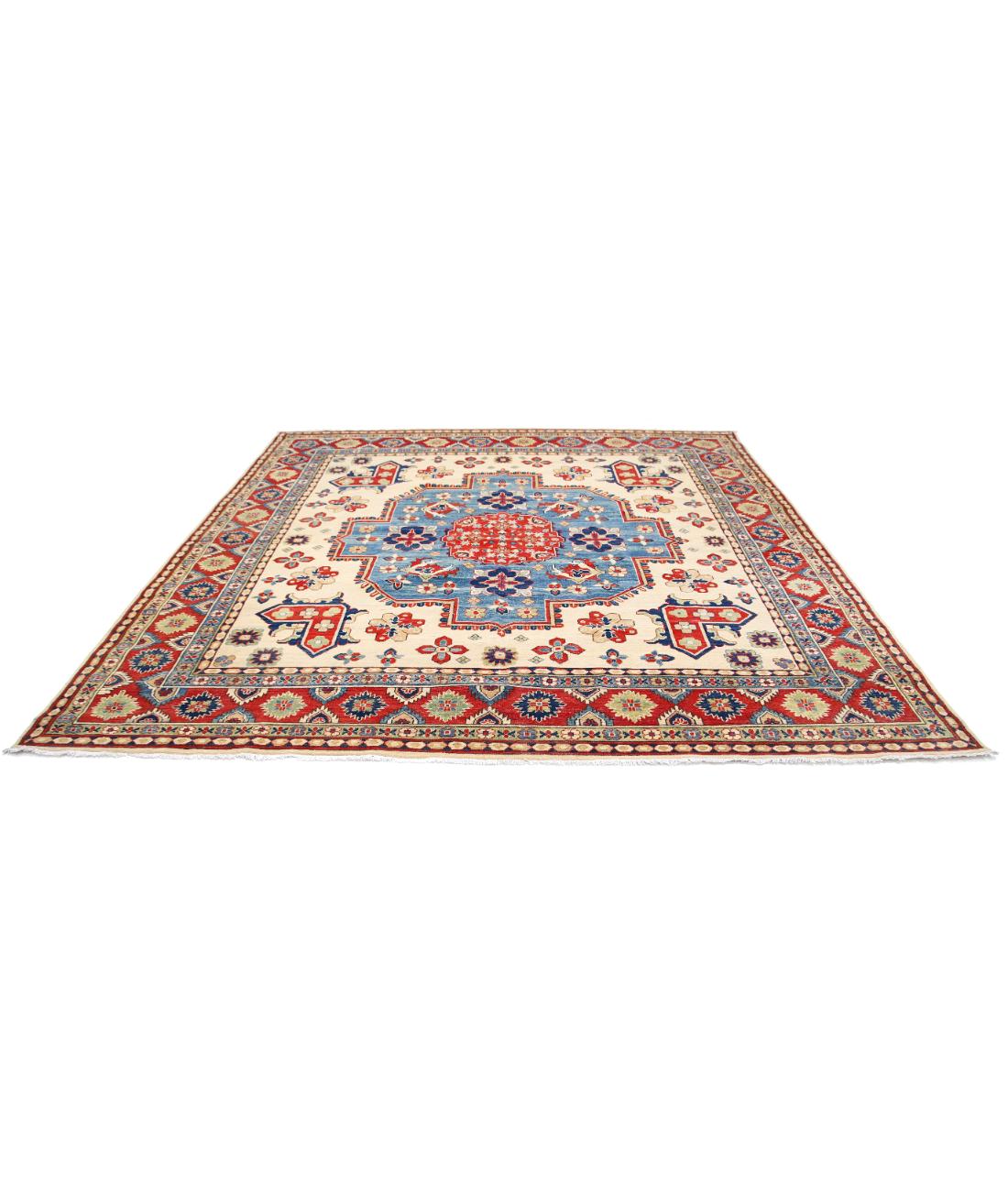 Hand Knotted Tribal Kazak Wool Rug - 9'9'' x 10'0'' 9' 9" X 10' 0" (297 X 305) / Ivory / Red