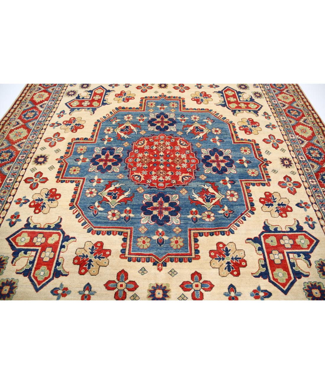 Hand Knotted Tribal Kazak Wool Rug - 9'9'' x 10'0'' 9' 9" X 10' 0" (297 X 305) / Ivory / Red