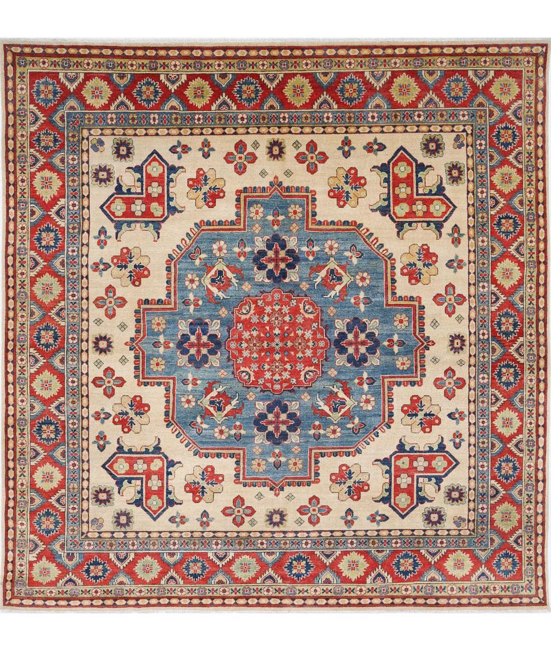 Hand Knotted Tribal Kazak Wool Rug - 9&#39;9&#39;&#39; x 10&#39;0&#39;&#39; 9&#39; 9&quot; X 10&#39; 0&quot; (297 X 305) / Ivory / Red