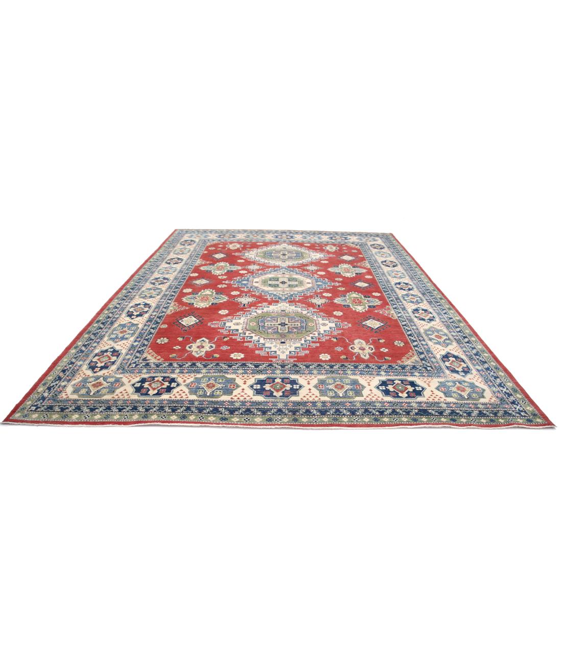 Hand Knotted Tribal Kazak Wool Rug - 10'1'' x 13'3'' 10' 1" X 13' 3" (307 X 404) / Red / Ivory