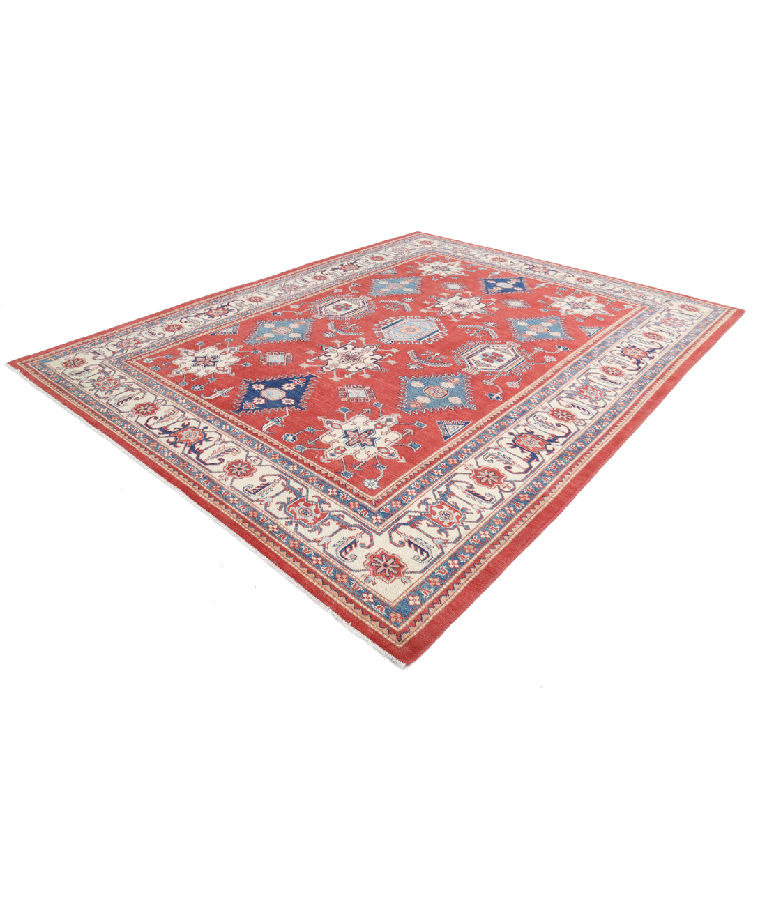 Hand Knotted Tribal Kazak Wool Rug - 9'4'' x 11'10'' 9' 4" X 11' 10" (284 X 361) / Red / Ivory