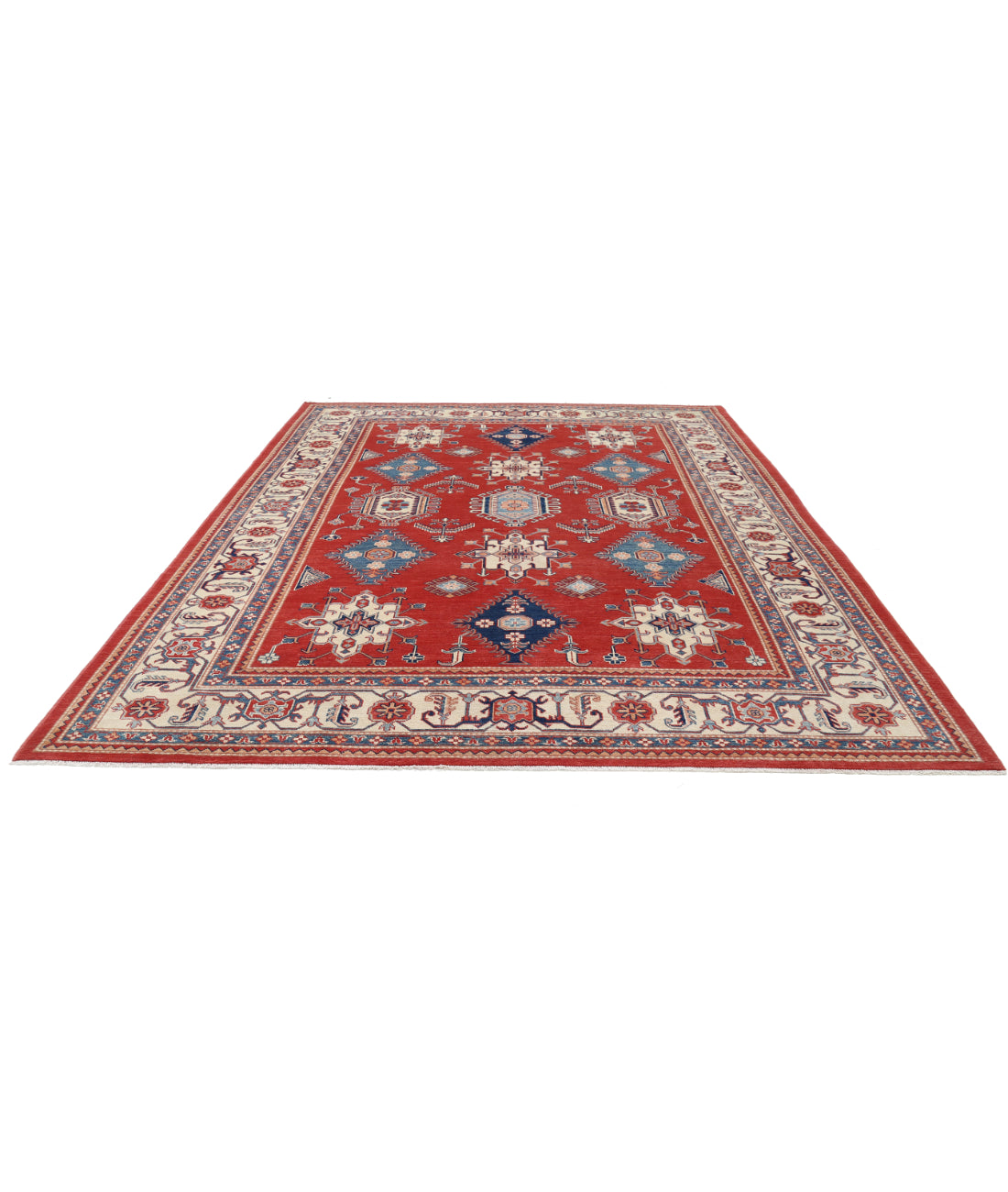 Hand Knotted Tribal Kazak Wool Rug - 9'4'' x 11'10'' 9' 4" X 11' 10" (284 X 361) / Red / Ivory