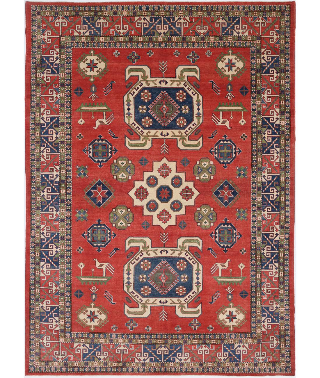 Hand Knotted Tribal Kazak Wool Rug - 9'7'' x 13'10'' 9' 7" X 13' 10" (292 X 422) / Red / Blue
