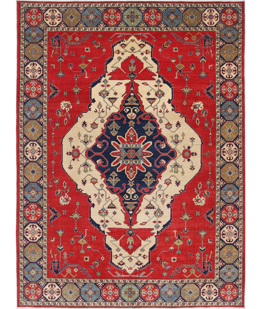 Hand Knotted Tribal Kazak Wool Rug - 10&#39;1&#39;&#39; x 13&#39;7&#39;&#39; 10&#39; 1&quot; X 13&#39; 7&quot; (307 X 414) / Ivory / Blue