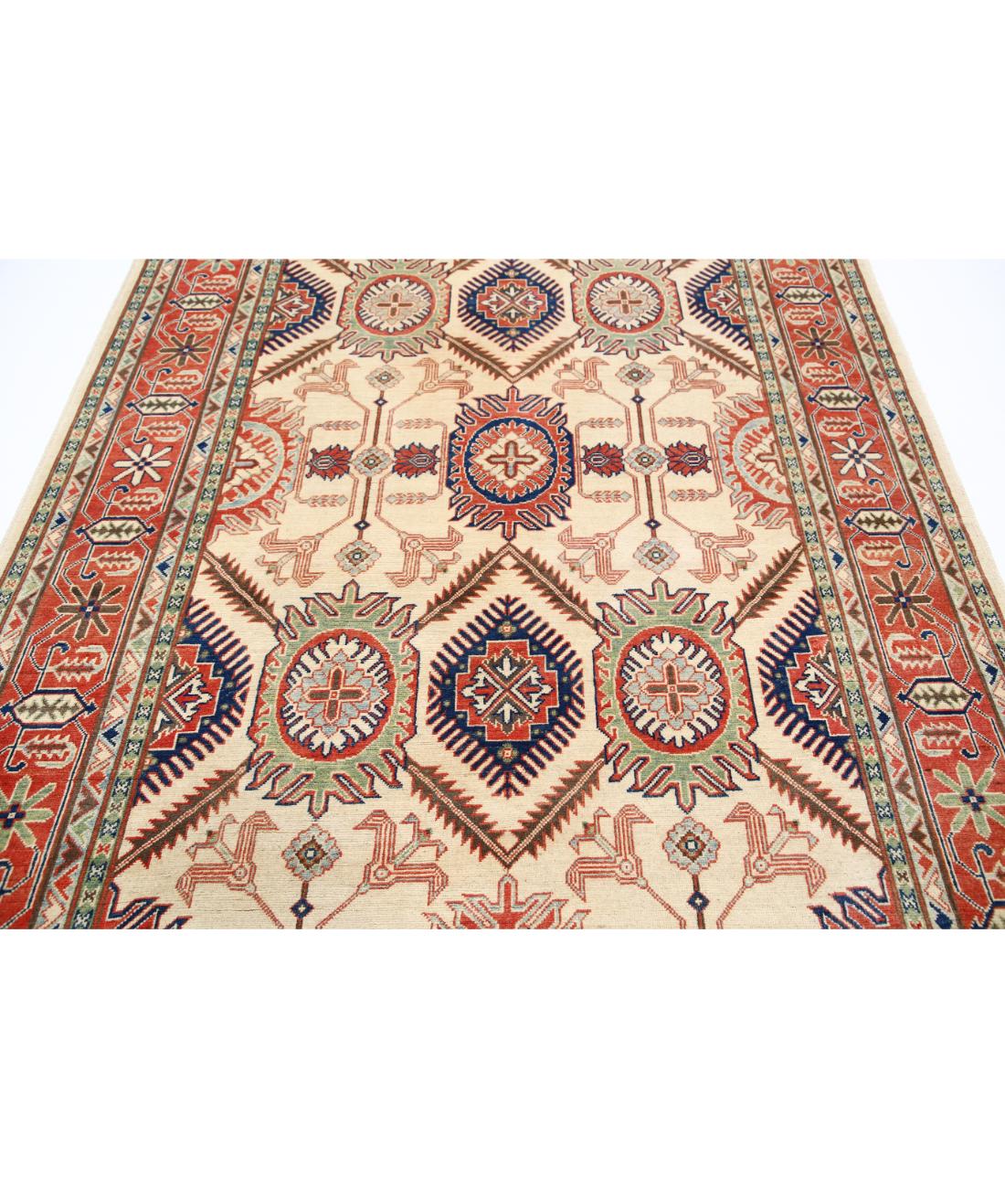 Hand Knotted Tribal Kazak Wool Rug - 6'5'' x 9'8'' 6' 5" X 9' 8" (196 X 295) / Ivory / Red