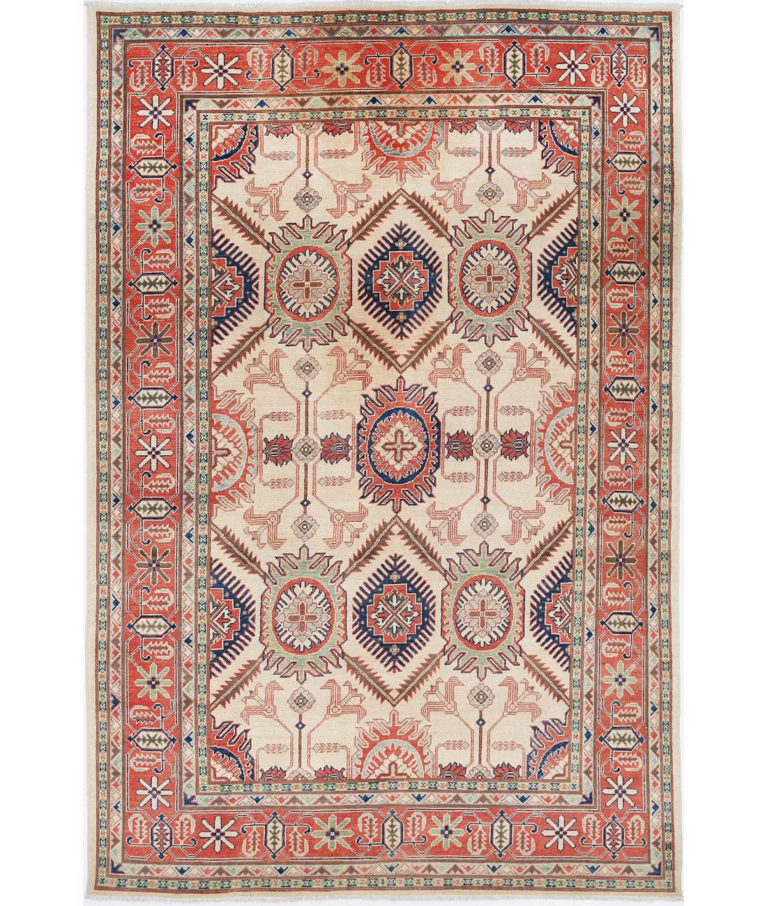 Hand Knotted Tribal Kazak Wool Rug - 6&#39;5&#39;&#39; x 9&#39;8&#39;&#39; 6&#39; 5&quot; X 9&#39; 8&quot; (196 X 295) / Ivory / Red