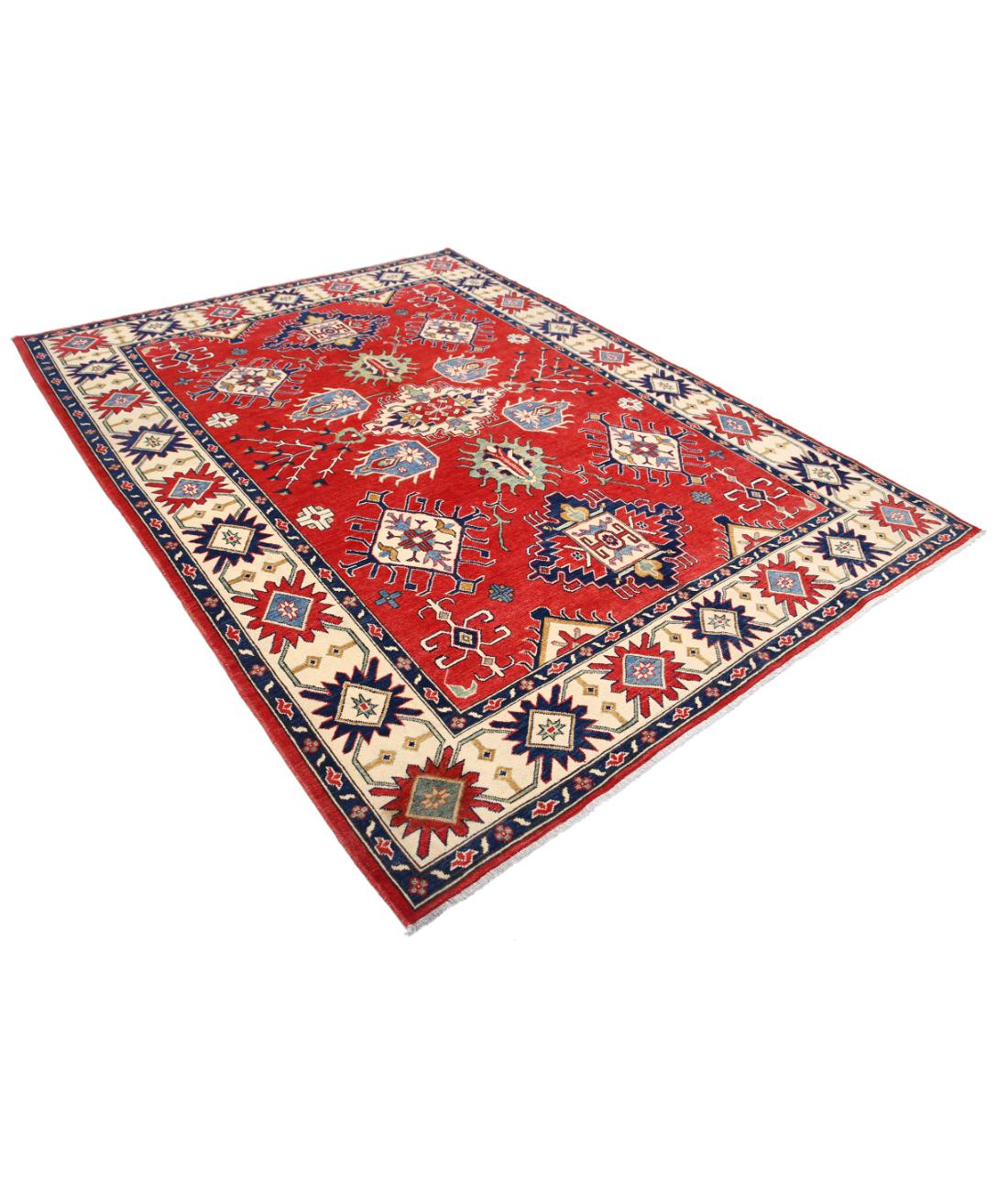 Hand Knotted Tribal Kazak Wool Rug - 6'10'' x 9'2'' 6' 10" X 9' 2" (208 X 279) / Red / Ivory