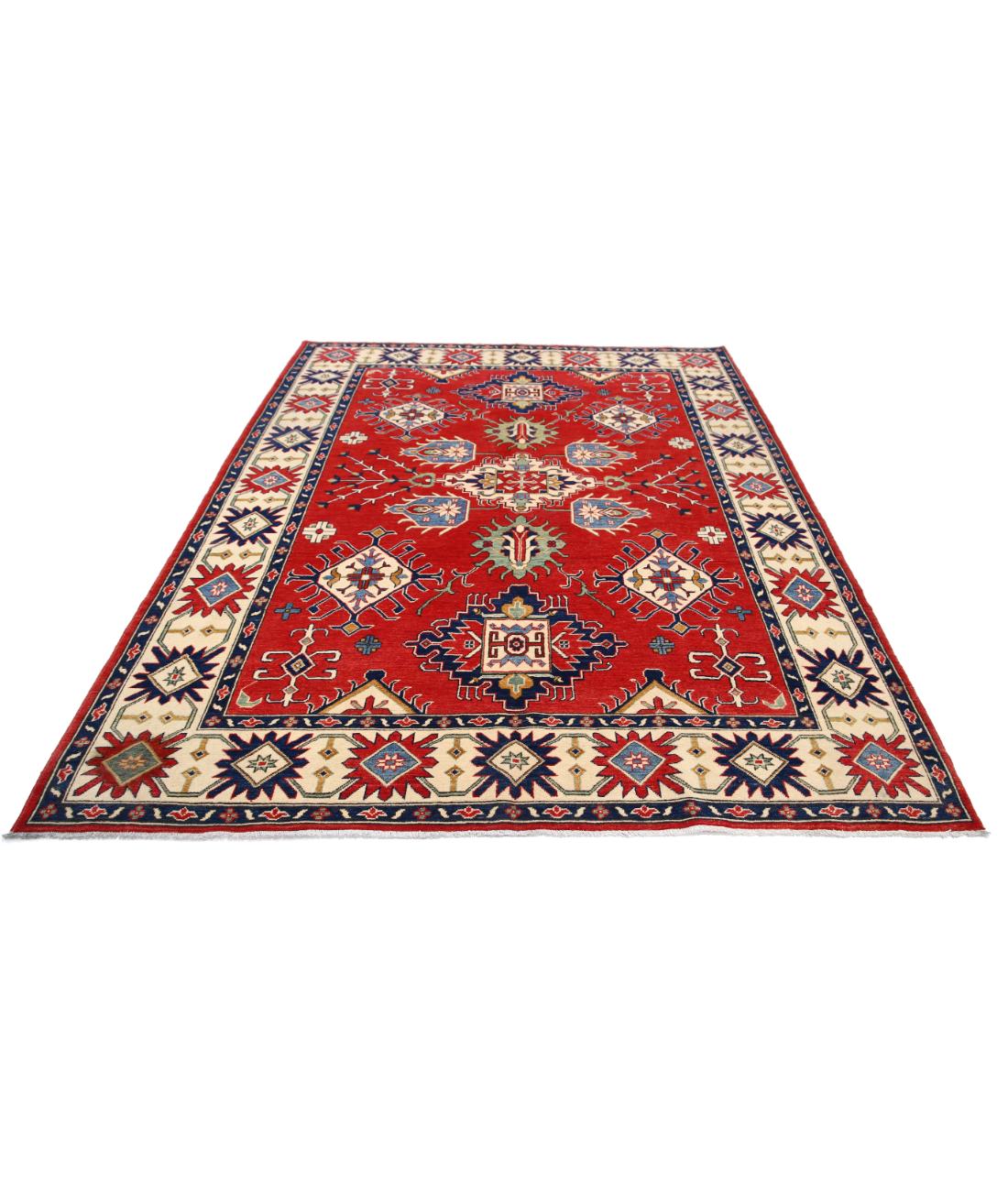 Hand Knotted Tribal Kazak Wool Rug - 6'10'' x 9'2'' 6' 10" X 9' 2" (208 X 279) / Red / Ivory