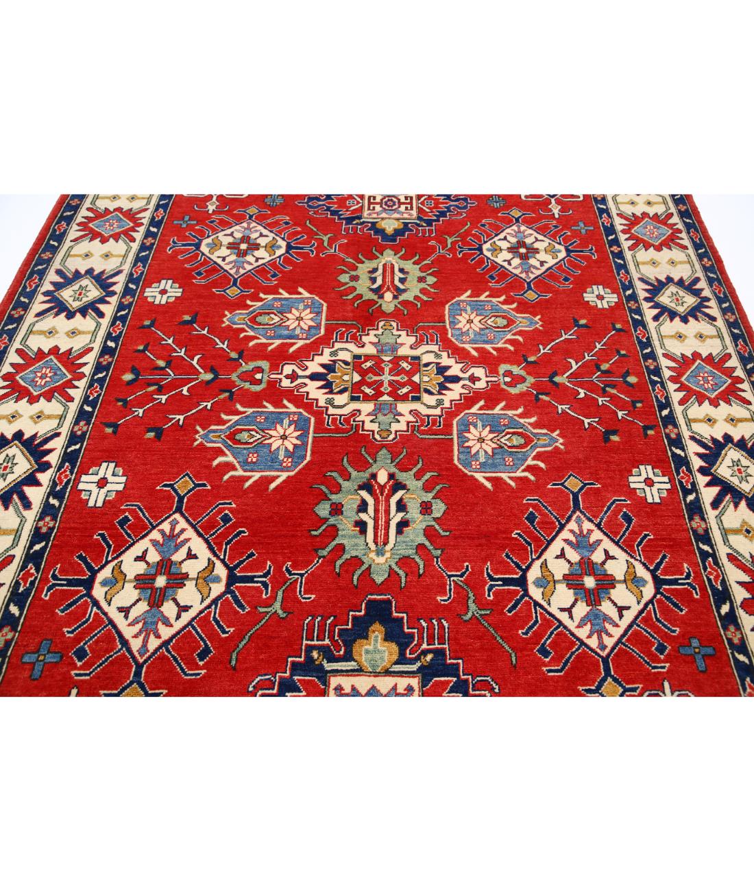 Hand Knotted Tribal Kazak Wool Rug - 6'10'' x 9'2'' 6' 10" X 9' 2" (208 X 279) / Red / Ivory