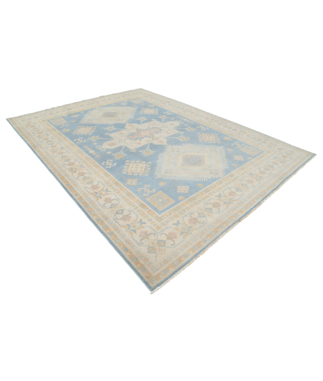 Hand Knotted Tribal Kazak Wool Rug - 8'9'' x 11'9'' 8' 9" X 11' 9" (267 X 358) / Blue / Ivory