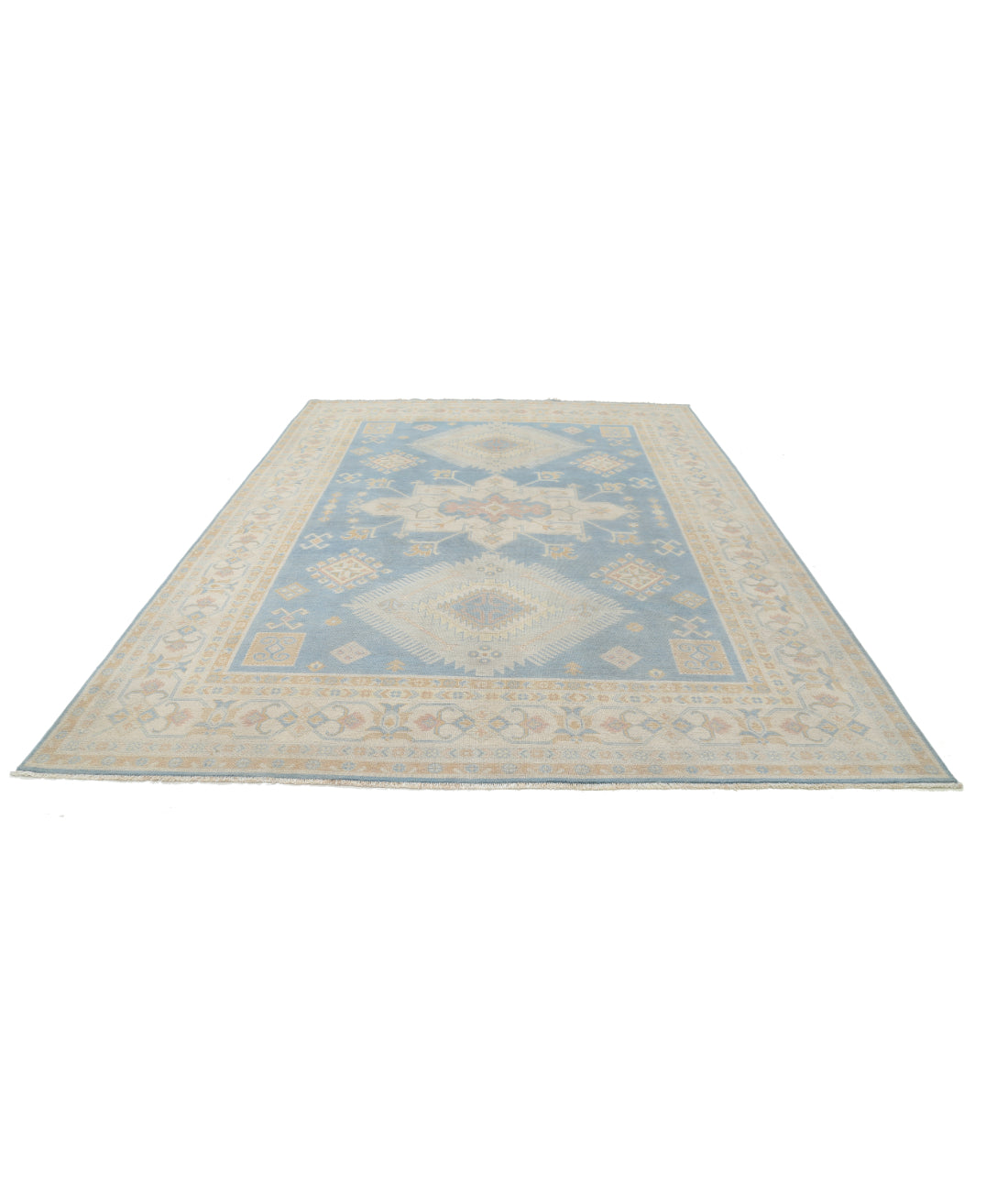 Hand Knotted Tribal Kazak Wool Rug - 8'9'' x 11'9'' 8' 9" X 11' 9" (267 X 358) / Blue / Ivory