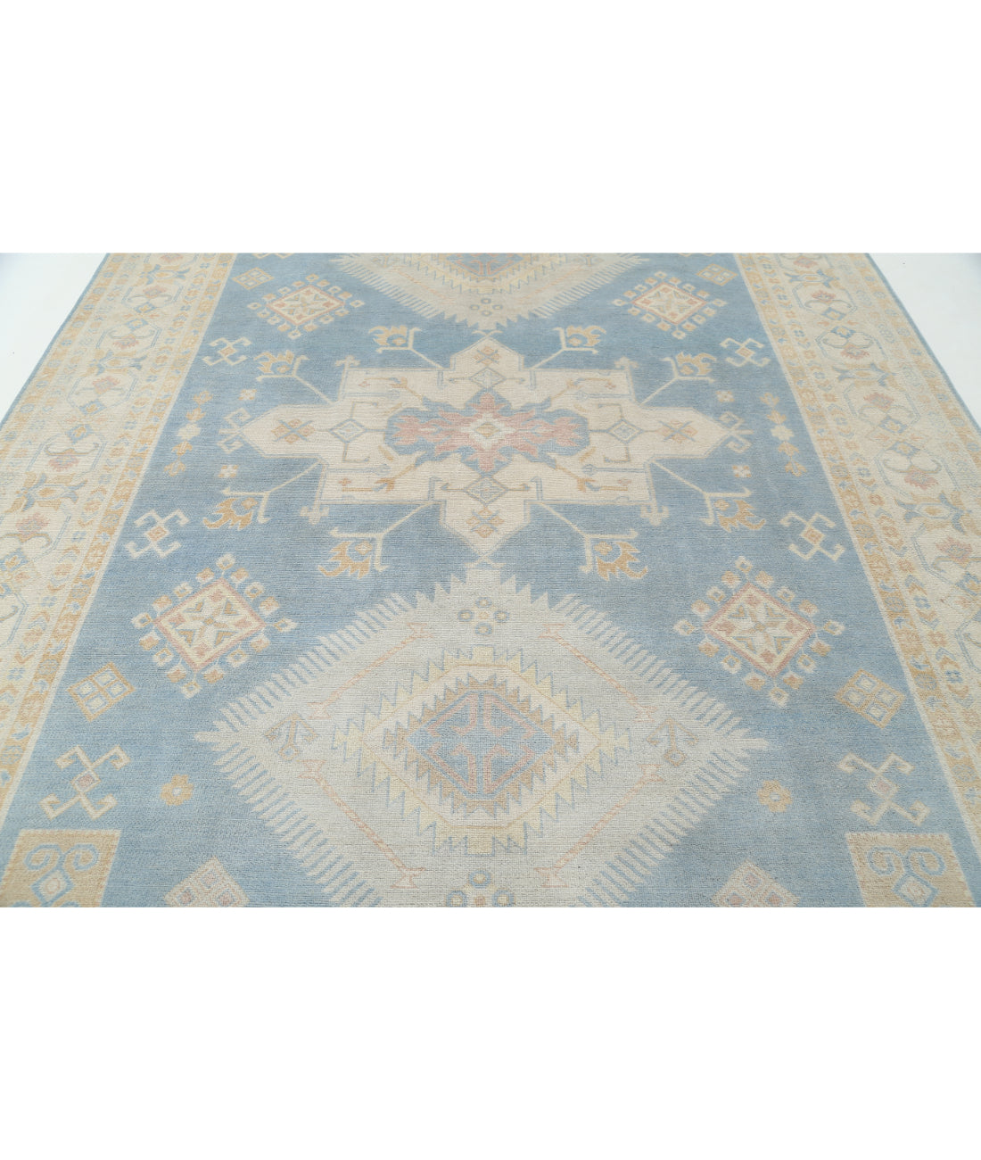 Hand Knotted Tribal Kazak Wool Rug - 8'9'' x 11'9'' 8' 9" X 11' 9" (267 X 358) / Blue / Ivory