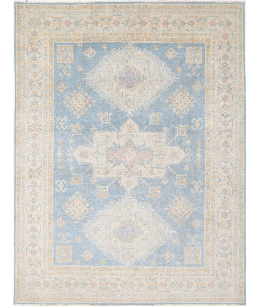 Hand Knotted Tribal Kazak Wool Rug - 8&#39;9&#39;&#39; x 11&#39;9&#39;&#39; 8&#39; 9&quot; X 11&#39; 9&quot; (267 X 358) / Blue / Ivory