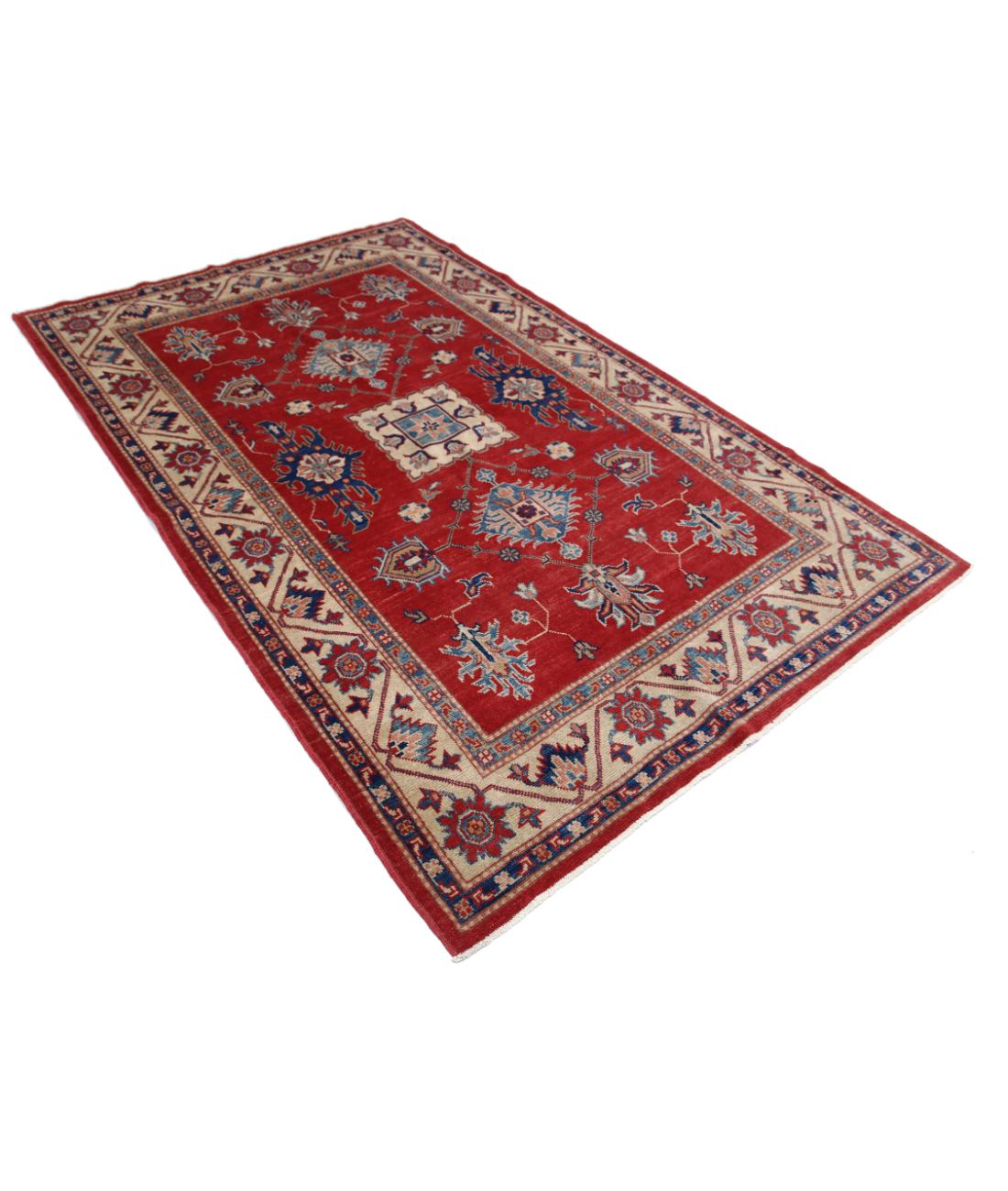 Hand Knotted Tribal Kazak Wool Rug - 5'0'' x 7'9'' 5' 0" X 7' 9" (152 X 236) / Red / Ivory