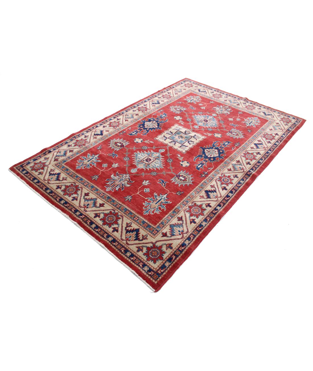 Hand Knotted Tribal Kazak Wool Rug - 5'0'' x 7'9'' 5' 0" X 7' 9" (152 X 236) / Red / Ivory