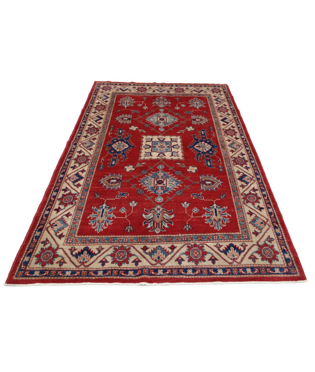 Hand Knotted Tribal Kazak Wool Rug - 5'0'' x 7'9'' 5' 0" X 7' 9" (152 X 236) / Red / Ivory