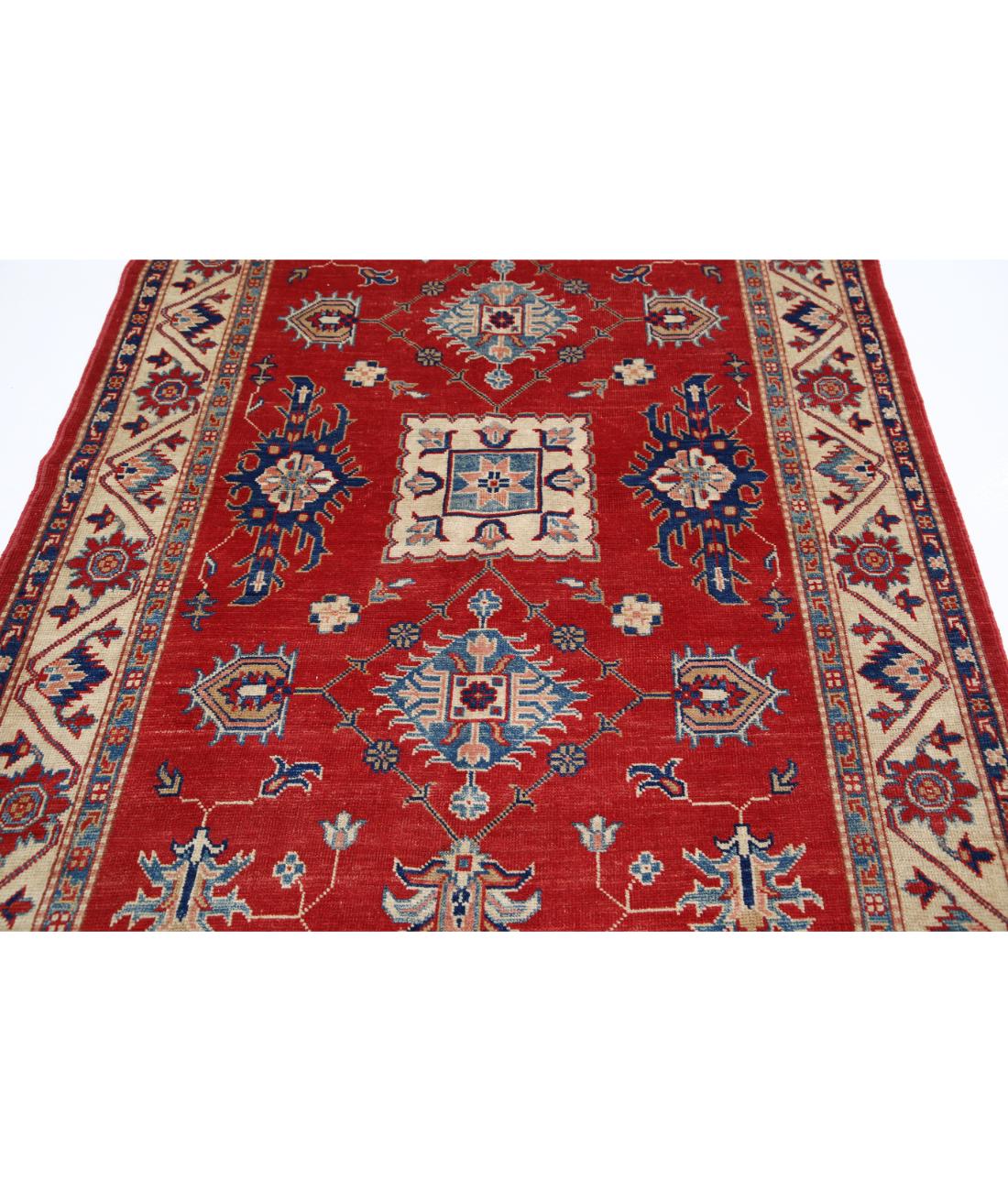 Hand Knotted Tribal Kazak Wool Rug - 5'0'' x 7'9'' 5' 0" X 7' 9" (152 X 236) / Red / Ivory
