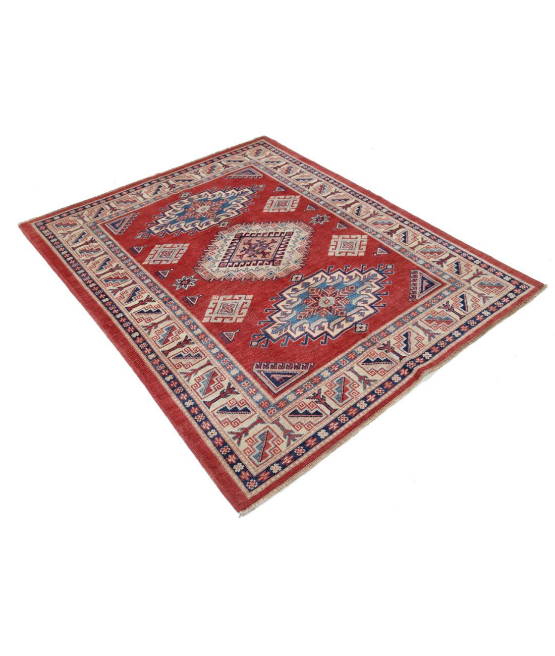 Hand Knotted Tribal Kazak Wool Rug - 4'11'' x 6'0'' 4' 11" X 6' 0" (150 X 183) / Red / Ivory