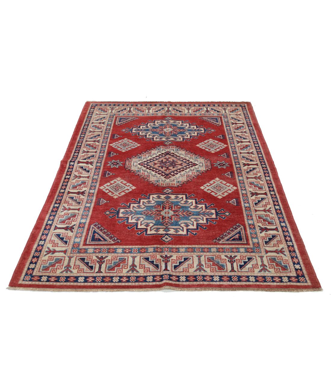 Hand Knotted Tribal Kazak Wool Rug - 4'11'' x 6'0'' 4' 11" X 6' 0" (150 X 183) / Red / Ivory