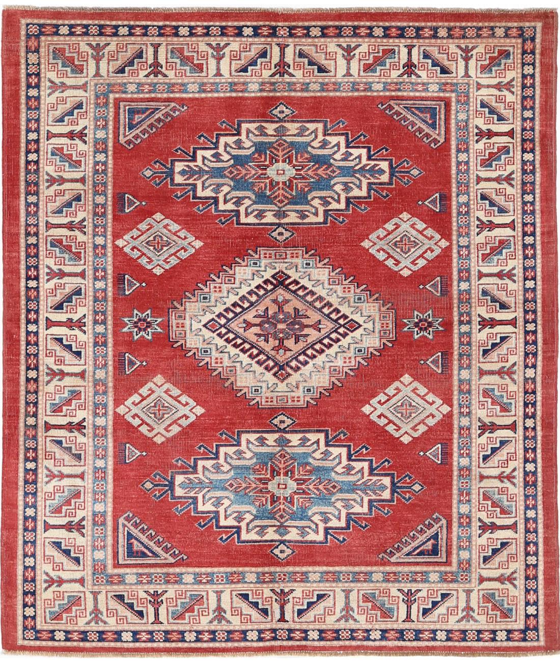 Hand Knotted Tribal Kazak Wool Rug - 4&#39;11&#39;&#39; x 6&#39;0&#39;&#39; 4&#39; 11&quot; X 6&#39; 0&quot; (150 X 183) / Red / Ivory