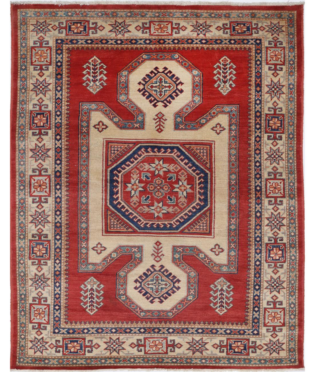 Hand Knotted Tribal Kazak Wool Rug - 4'11'' x 6'5'' 4' 11" X 6' 5" (150 X 196) / Red / Ivory