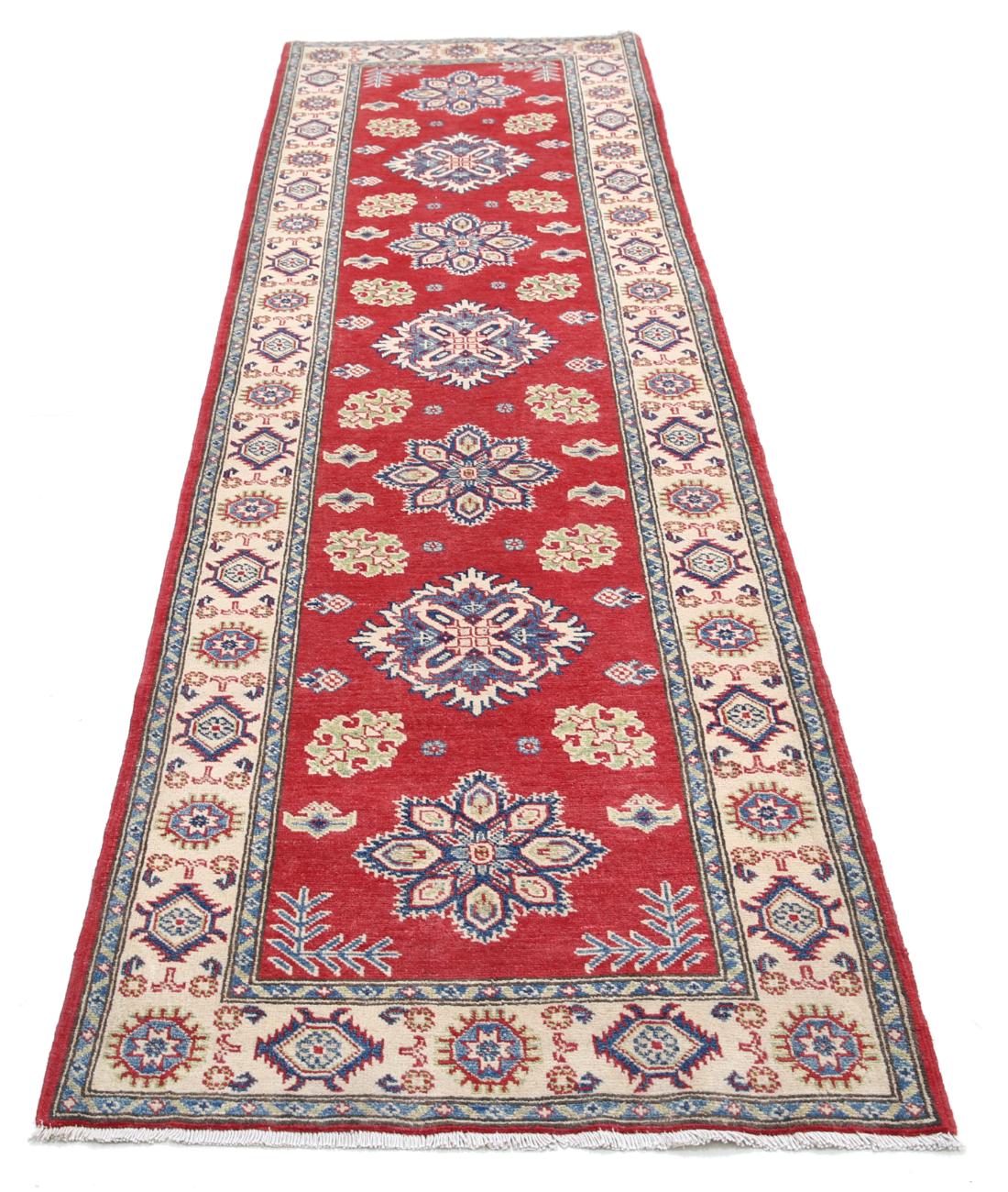Hand Knotted Tribal Kazak Wool Rug - 2'10'' x 9'10'' 2' 10" X 9' 10" (86 X 300) / Red / Ivory