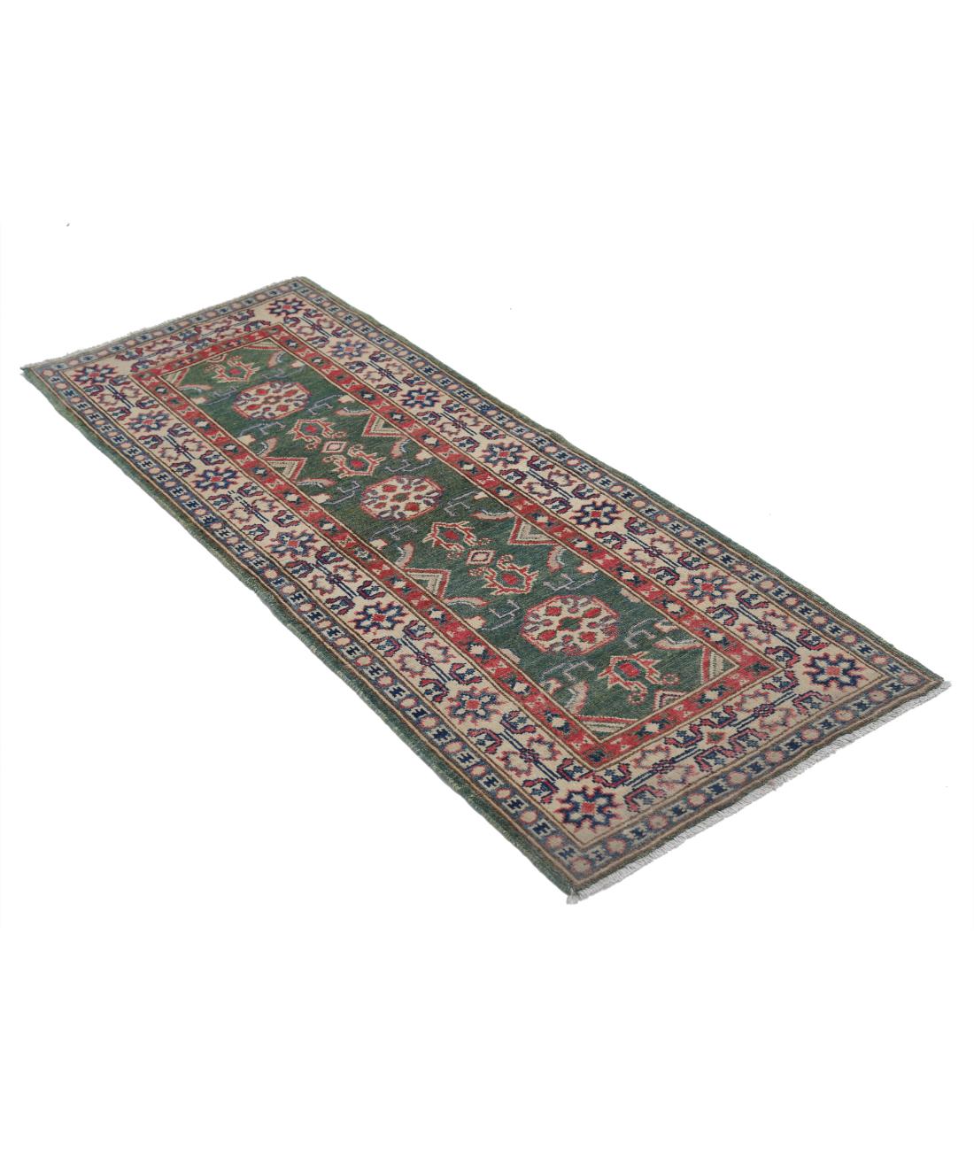 Hand Knotted Tribal Kazak Wool Rug - 2'1'' x 5'8'' 2' 1" X 5' 8" (64 X 173) / Green / Ivory