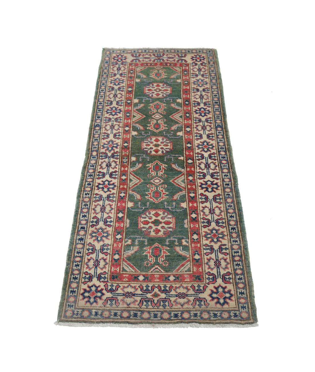 Hand Knotted Tribal Kazak Wool Rug - 2'1'' x 5'8'' 2' 1" X 5' 8" (64 X 173) / Green / Ivory