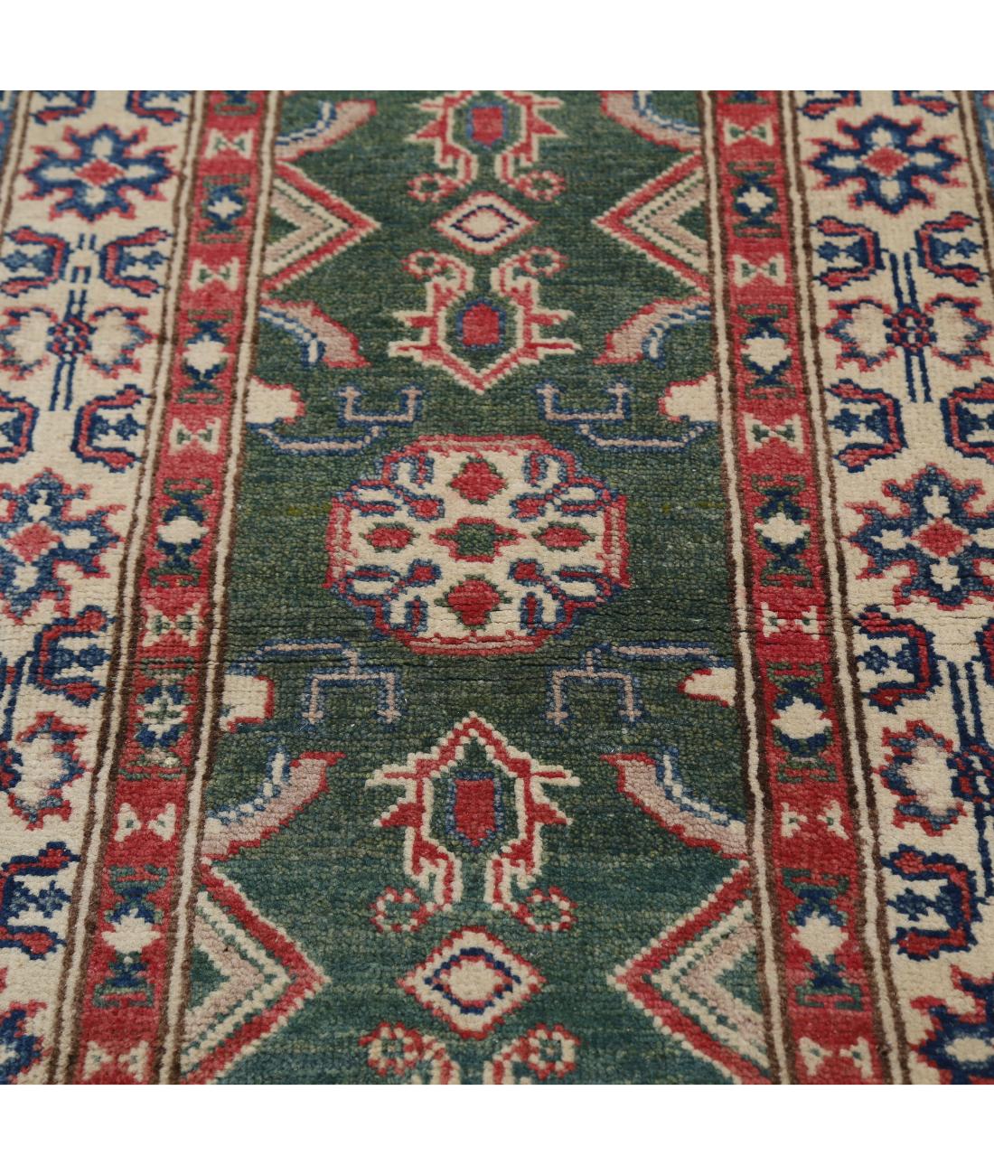 Hand Knotted Tribal Kazak Wool Rug - 2'1'' x 5'8'' 2' 1" X 5' 8" (64 X 173) / Green / Ivory