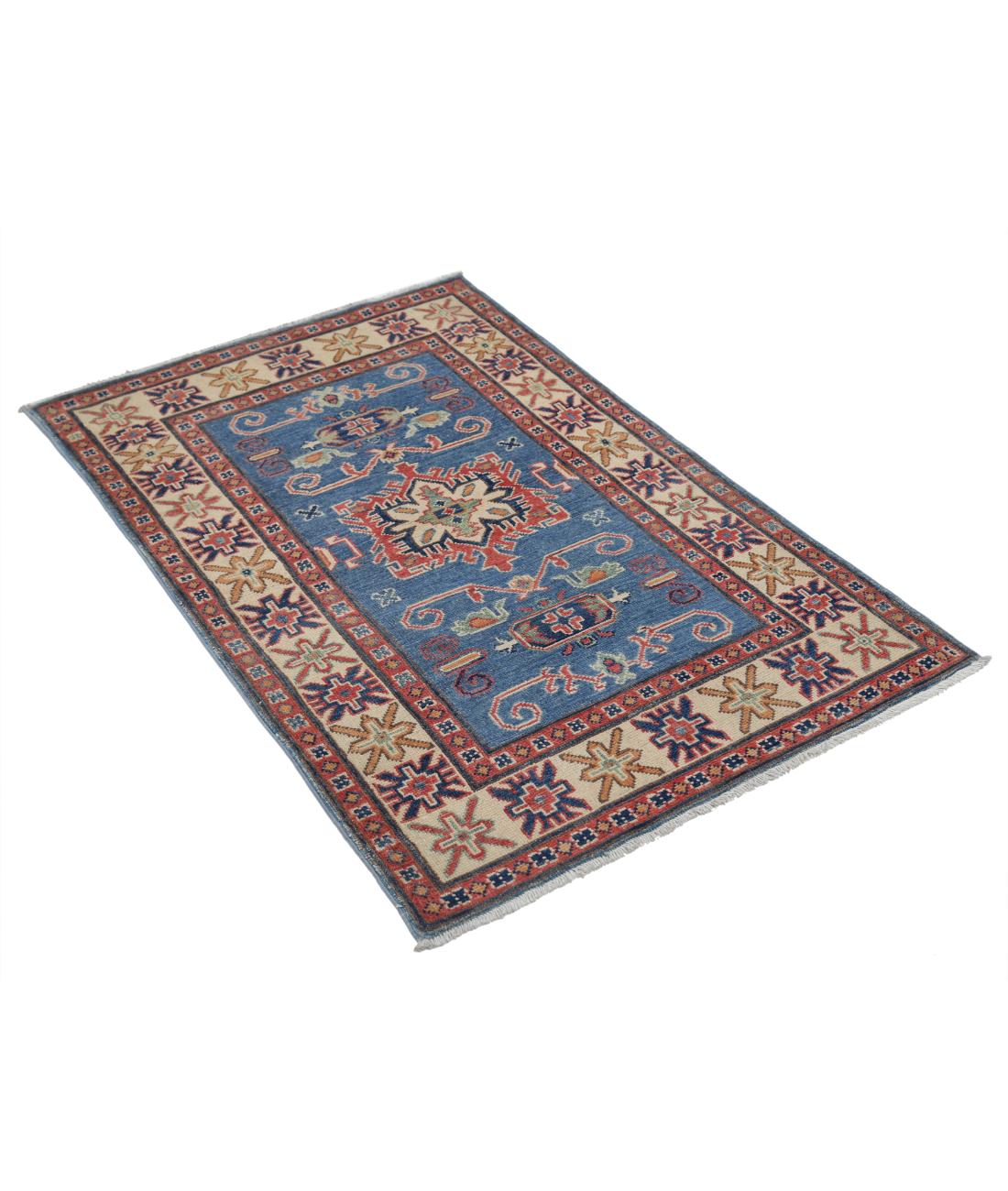 Hand Knotted Tribal Kazak Wool Rug - 2'10'' x 4'8'' 2' 10" X 4' 8" (86 X 142) / Blue / Ivory