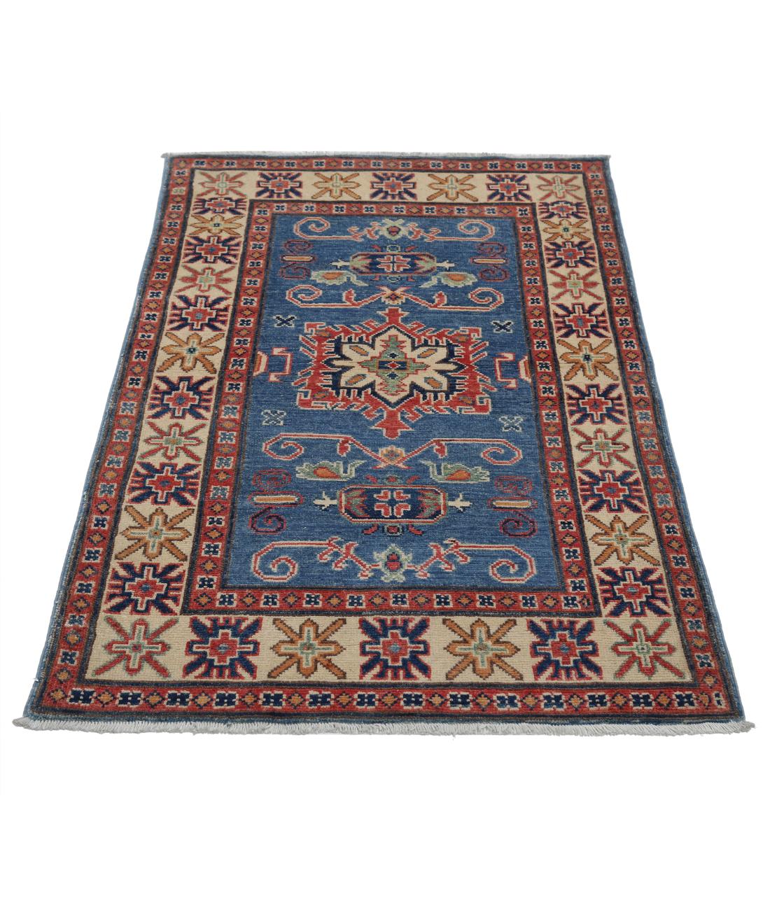 Hand Knotted Tribal Kazak Wool Rug - 2'10'' x 4'8'' 2' 10" X 4' 8" (86 X 142) / Blue / Ivory